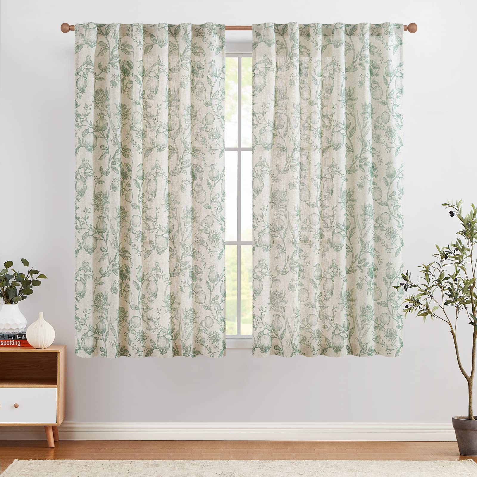 Jinchan Linen Curtains Floral Curtains For Living Room 63 Inch Length Green French Curtains Rod Pocket Light Filtering Toile Pri