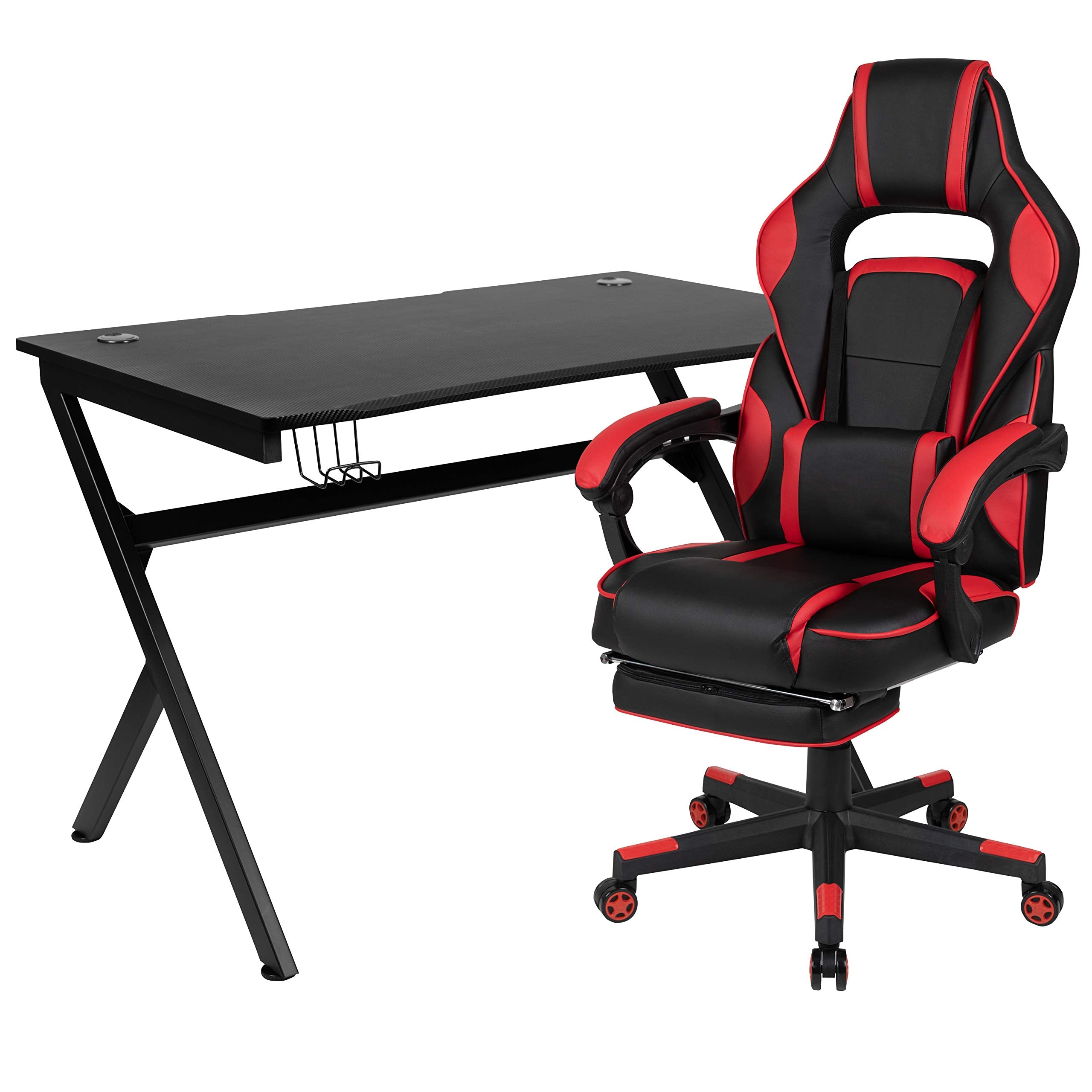 Flash Furniture Black Gaming Desk With Cup Holder/Headphone Hook/2 Wire Management Holes & Red Reclining Back/Arms Gaming Chair With Footrest