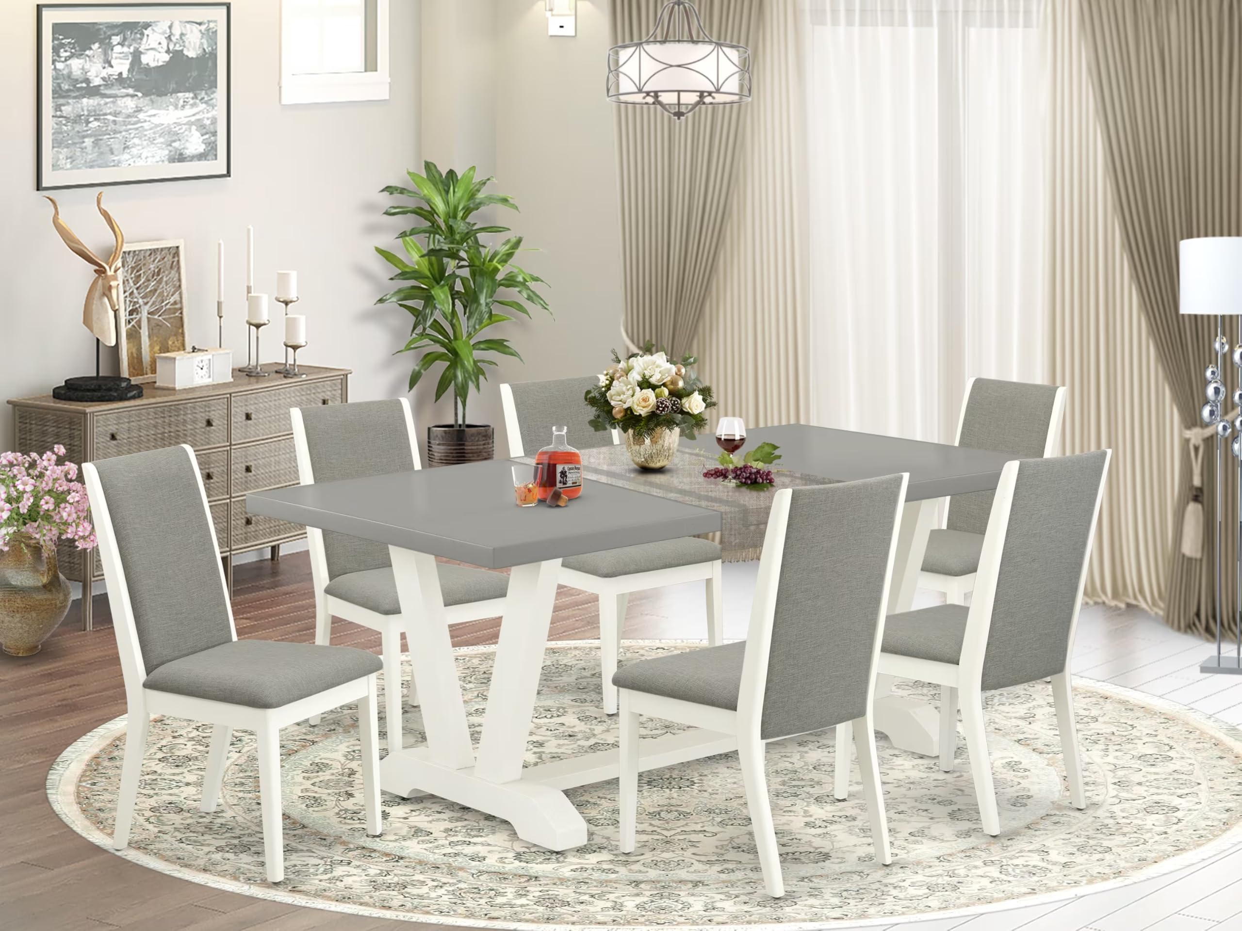 East West Furniture V097La206-7 7 Piece Dining Room Table Set Consist Of A Rectangle Kitchen Table With V-Legs And 6 Shitake Linen Fabric Parsons Dining Chairs, 40X72 Inch, Multi-Color