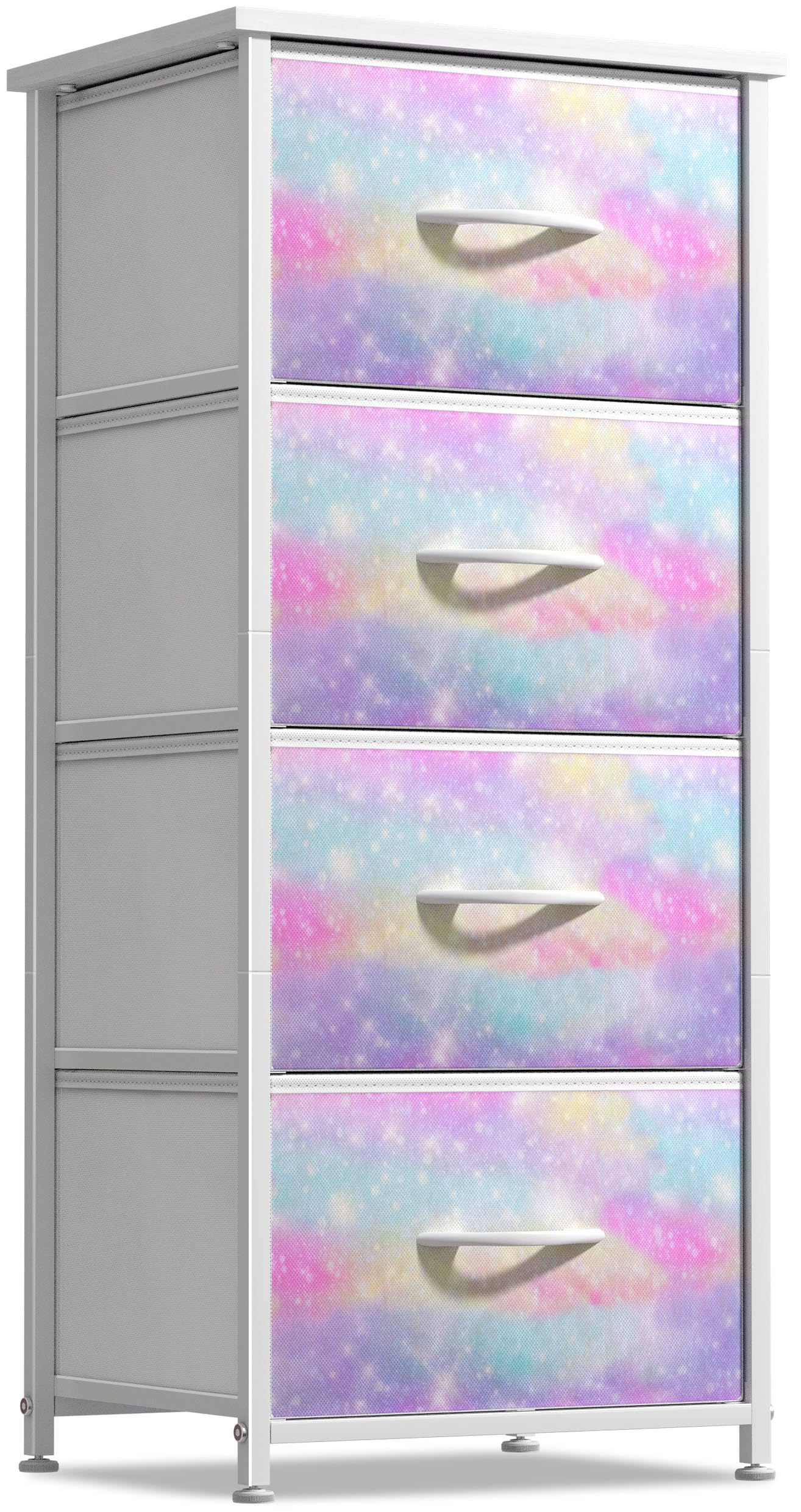 Sorbus Kids Dresser with 4 Drawers - Storage Chest Organizer Nightstand - Steel Frame, Wood Top, Tie-Dye Fabric Bins for Clothes