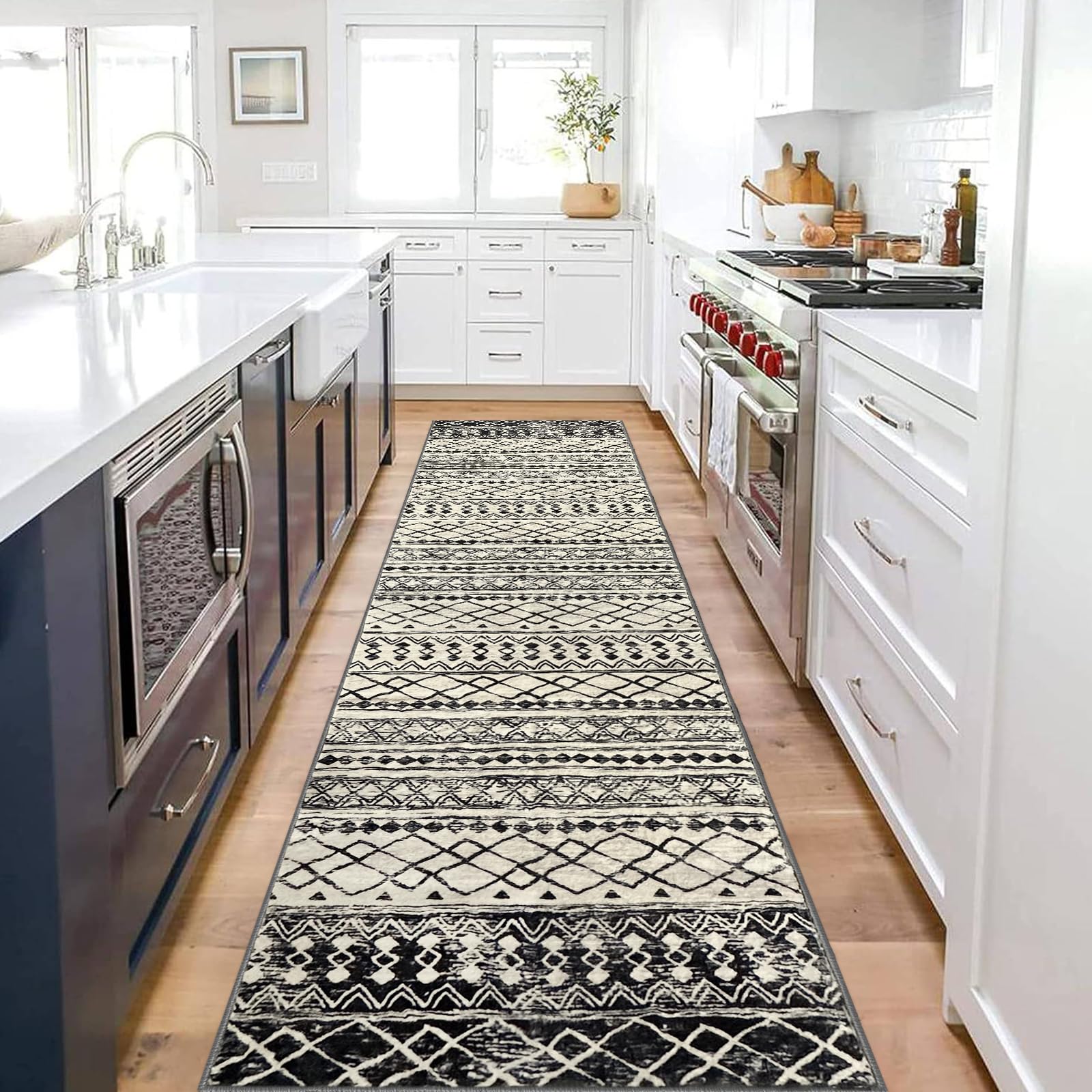 KUTA Moroccan Washable Runner Rug, 2.6x10 Non-Slip Vintage Black Navy Blue Boho Hallway Runner Kitchen Runner Rug Ultra Soft Geo
