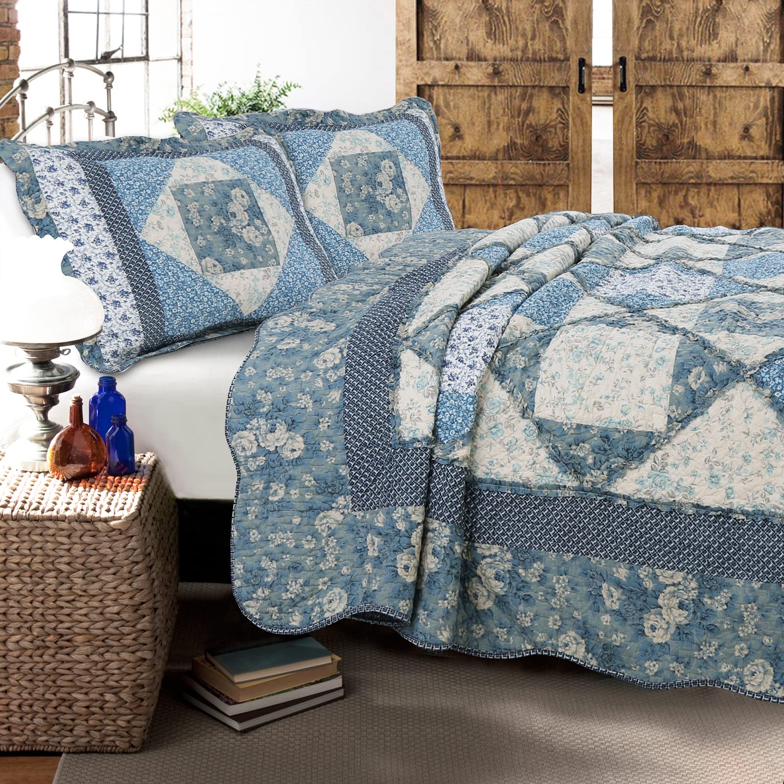 Cozy Line Home Fashions 100% Cotton Real Patchwork Floral Vintage Cottage Reversible Quilt Bedding Set Coverlet Bedspread (Blue