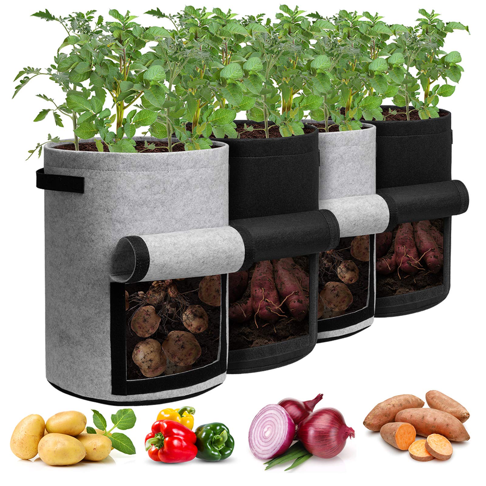 Homyhoo Potato Grow Bags With Flap 10 Gallon, 4 Pack Planter Pot With Handles And Harvest Window For Potato Tomato And Vegetable