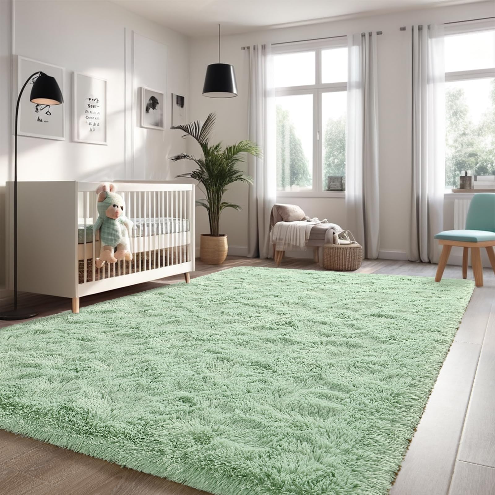 Larhom Fluffy Fuzzy Sage-Green Rugs For Bedroom, 4X6 Feet Soft Non Slip Plush Area Rug For Living Room, Kids Room, Indoor Modern