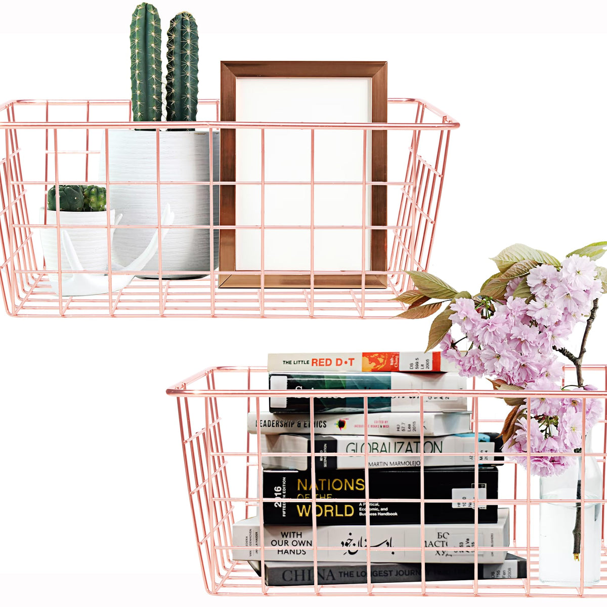 Metal Wire Storage Basket with Handles for Kitchen Food Pantry Papers Home Office Desk, Bathroom Laundry Room Storage, Bedroom B