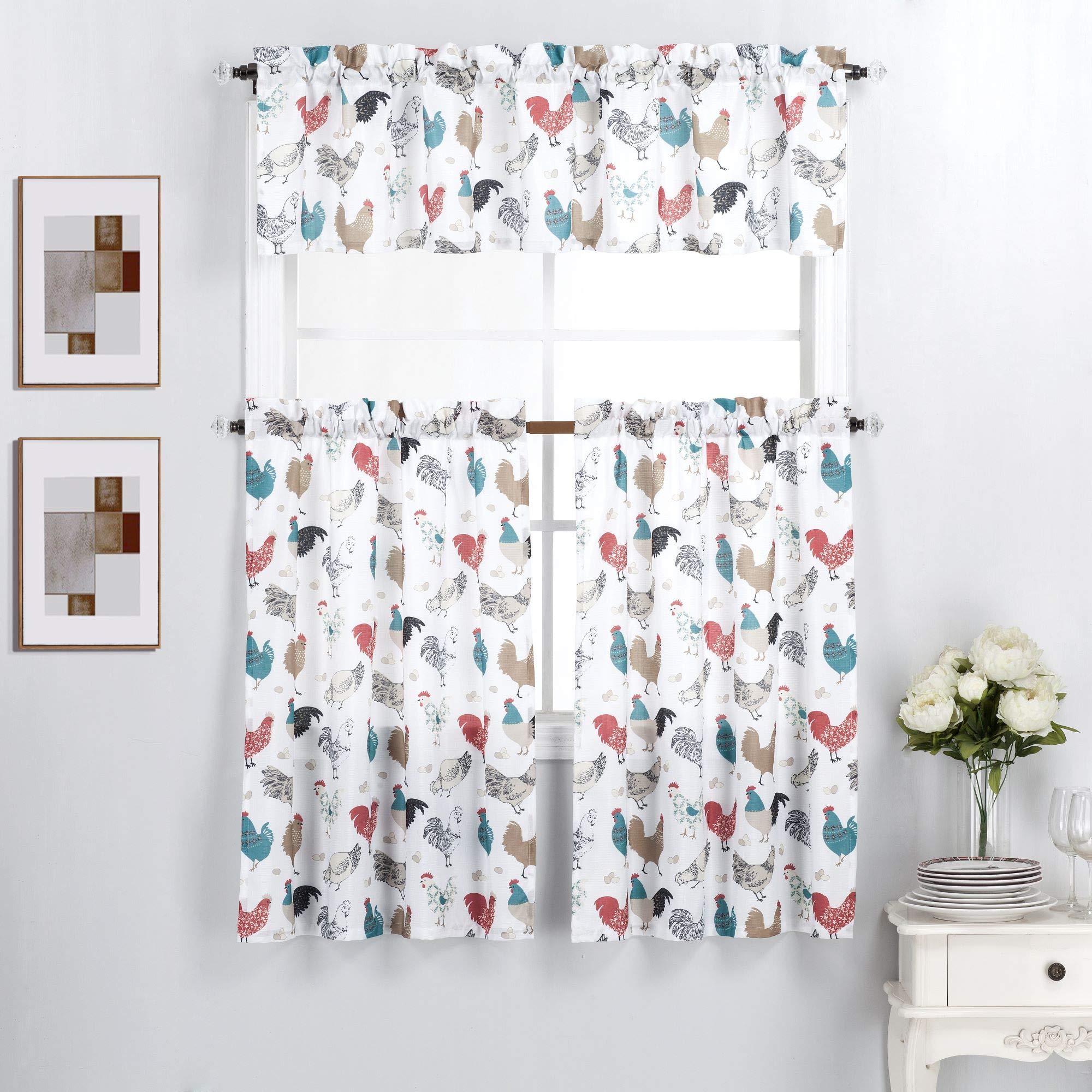 Interior Trends 3 Piece Kitchen Window Curtain Panel Tiers And Valance Set (36' Tiers Set, Multicolor Roosters)
