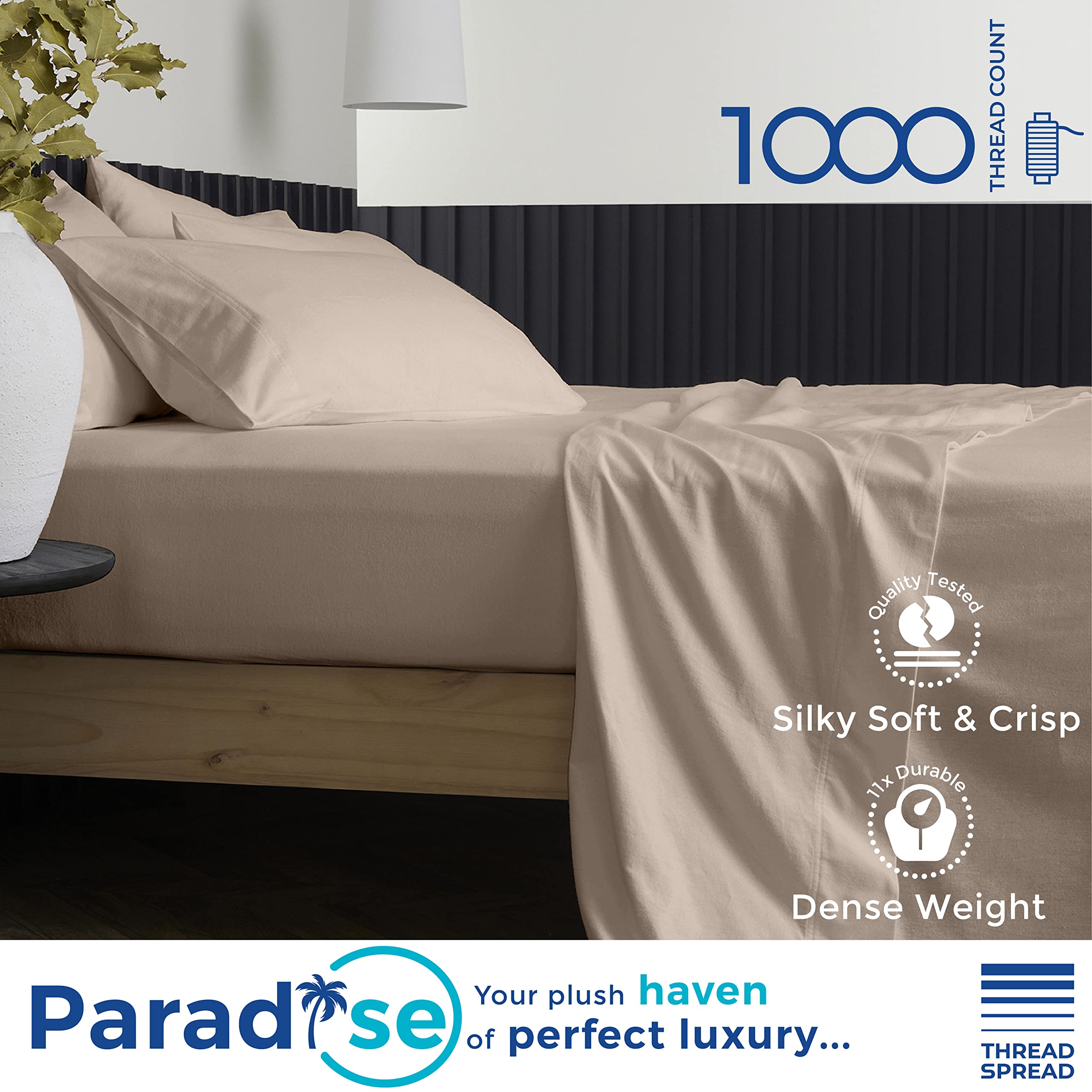 Thread Spread Luxury Egyptian Cotton California King Fitted Sheet Only - 1000 Thread Count Cal King Sheets Deep Pocket Fitted, Soft Sateen Weave Bottom Sheet - Fits Upto 22' Deep Mattress - Taupe