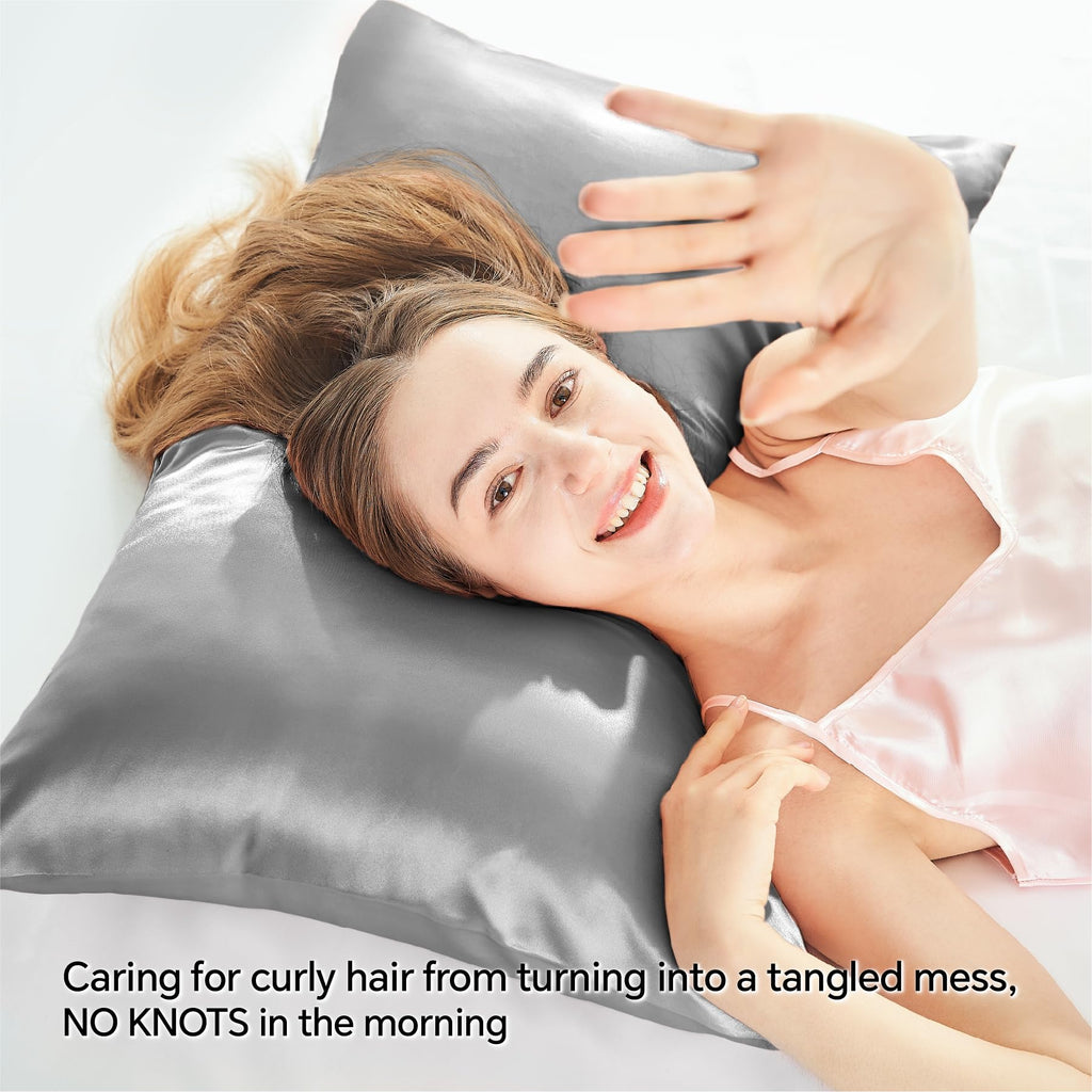 Bedelite Satin Pillowcase With Zipper 2 Pack, Grey Pillow Cases Standard Size, Super Soft And Cooling Similar To Silk Pillow Cas