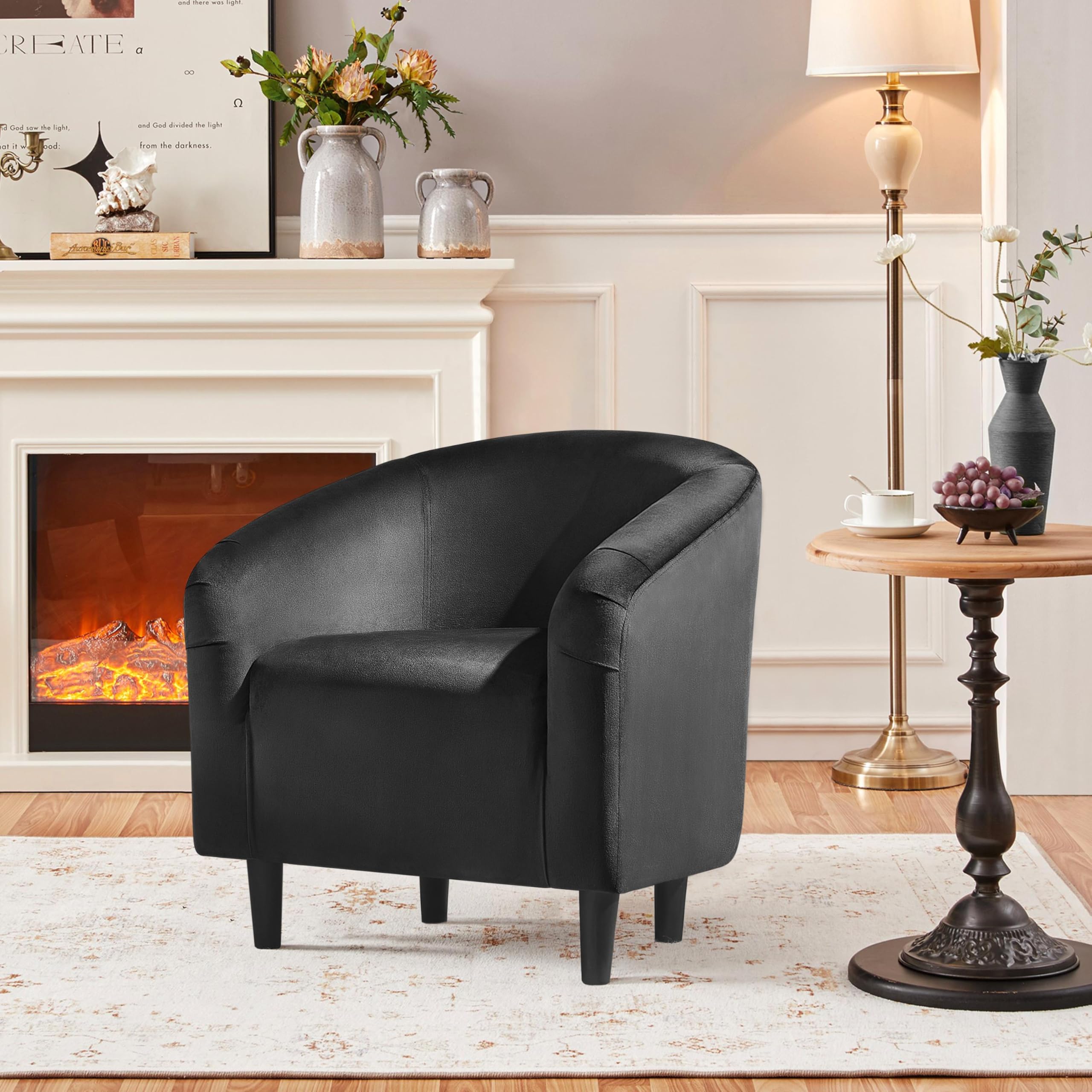 Yaheetech Barrel Chair, Modern Accent Chair Comfy Velvet Armchair Club Sofa Chair Vanity Chair For Living Room Bedroom Office Small Space, Black