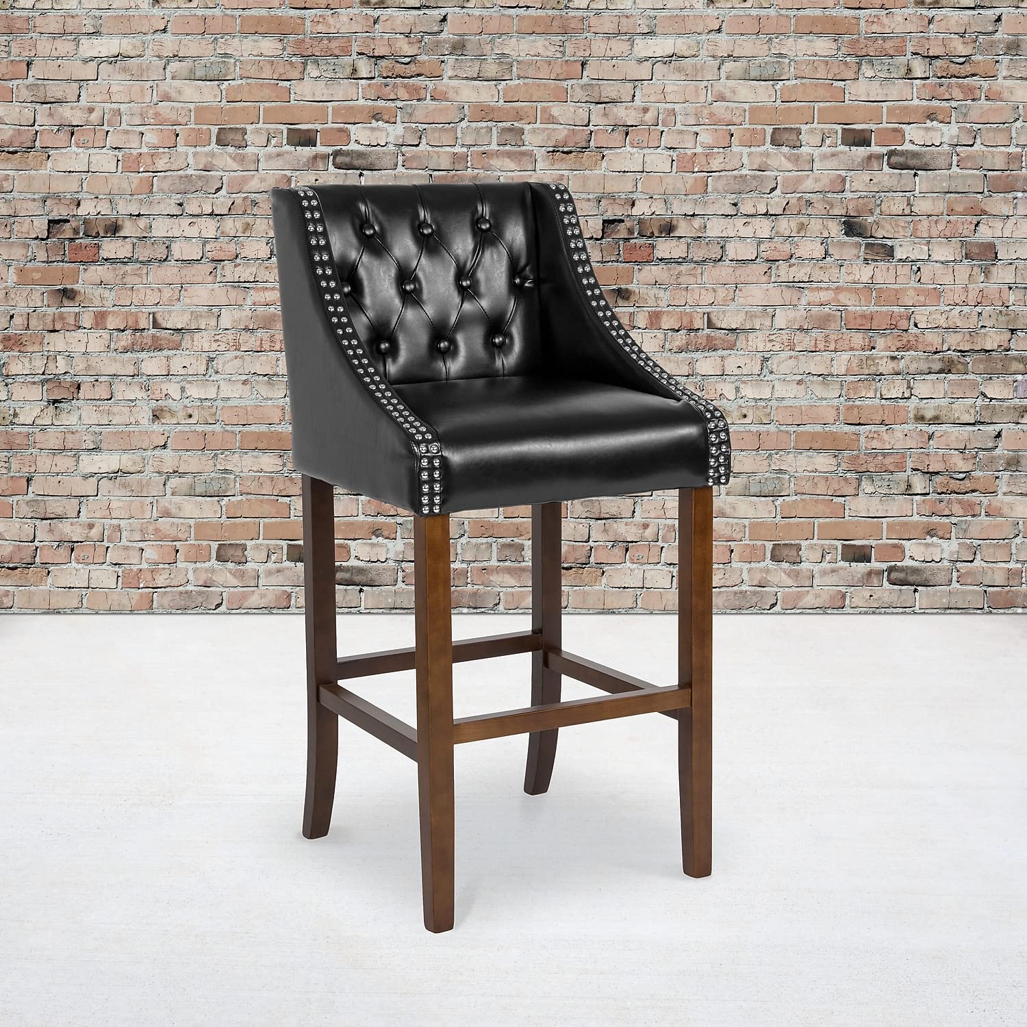 Flash Furniture Carmel Series 30' High Transitional Tufted Walnut Barstool With Accent Nail Trim In Black Leathersoft