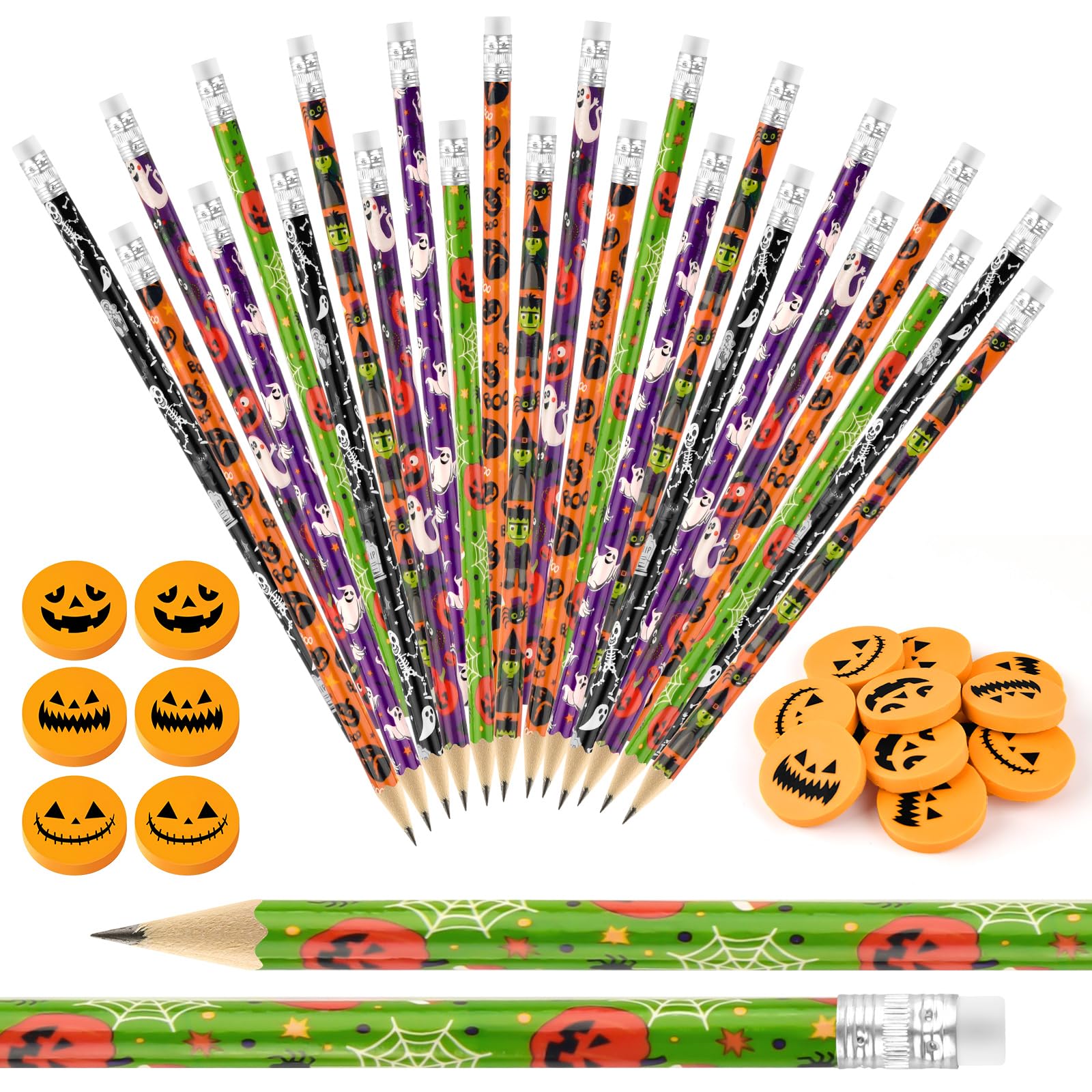 24 Pieces Carton Halloween Pencils With 24 Pieces 3D Pumpkin Erasers Sets In Bulk For Kids Funny Erasers Cute Pencils For Holida