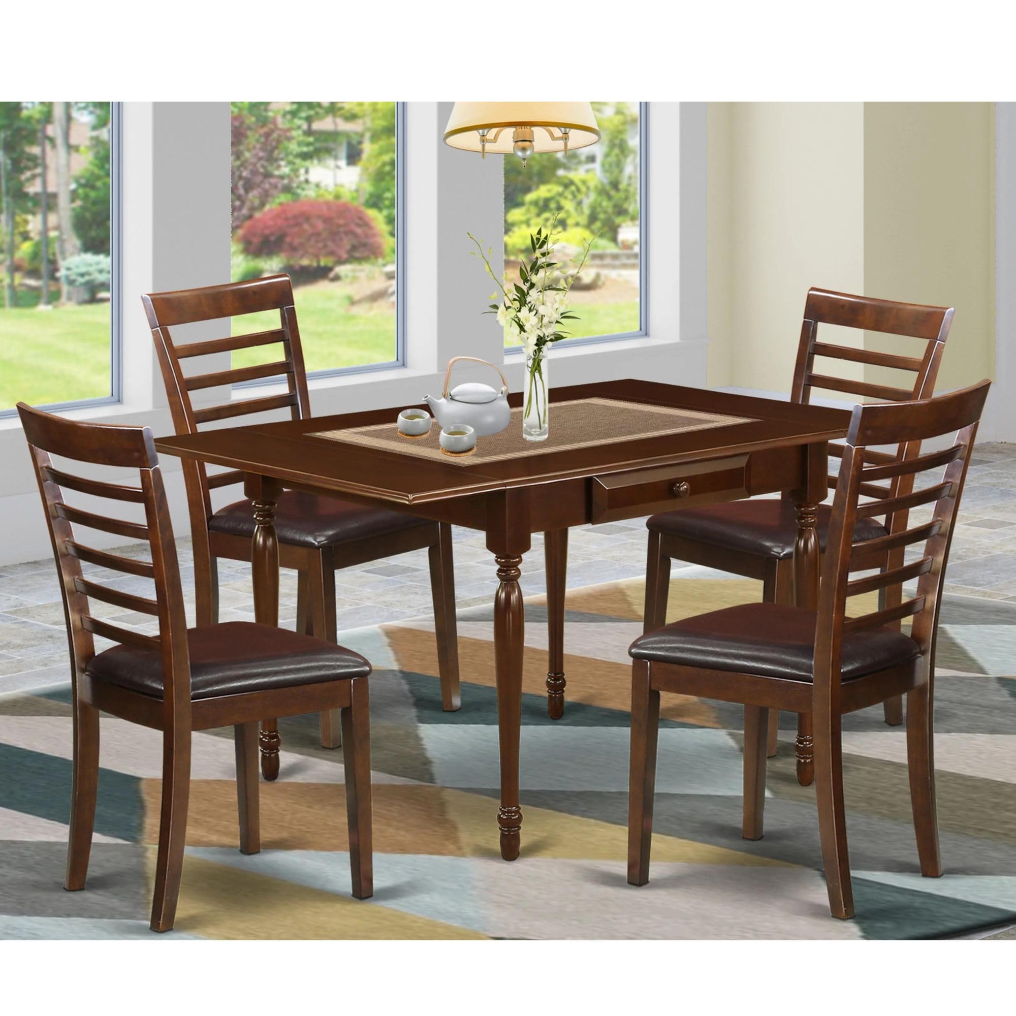East West Furniture Mzml5-Mah-Lc 5 Piece Dining Table Set For 4 Includes A Rectangle Kitchen Table With Dropleaf And 4 Faux Leather Upholstered Dinette Chairs, 36X54 Inch, Mahogany