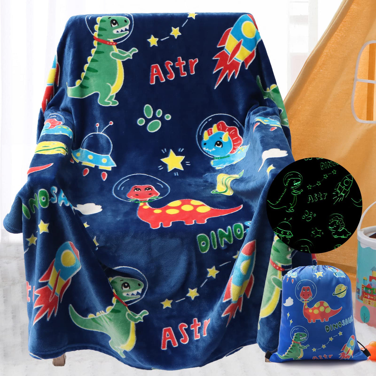 Glow In The Dark Dinosaur Blanket Gifts For 1-10 Year Old Boys,Dino Soft Kids Blankets,Dino Party Blankets,Luminous Toys Birthda