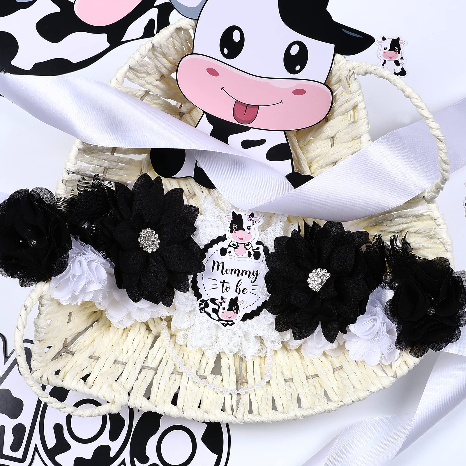 Joymemo Cow Baby Shower Sash - Maternity Sash Kit With Mom To Be Dad To Be Corsage Pins, Cow Gender Reveal Pregnancy Flower Bell