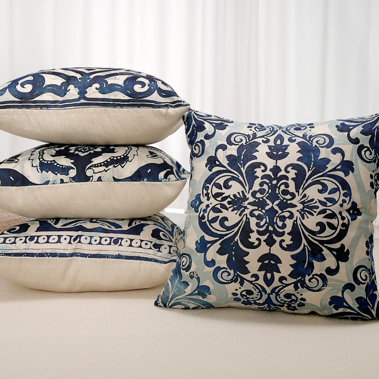 M-Qizi Blue Throw Pillow Covers - Linen Blue Pillow Covers 18X18 Set Of 4, Decorative Blue And White Pillow Covers, Chinoiserie