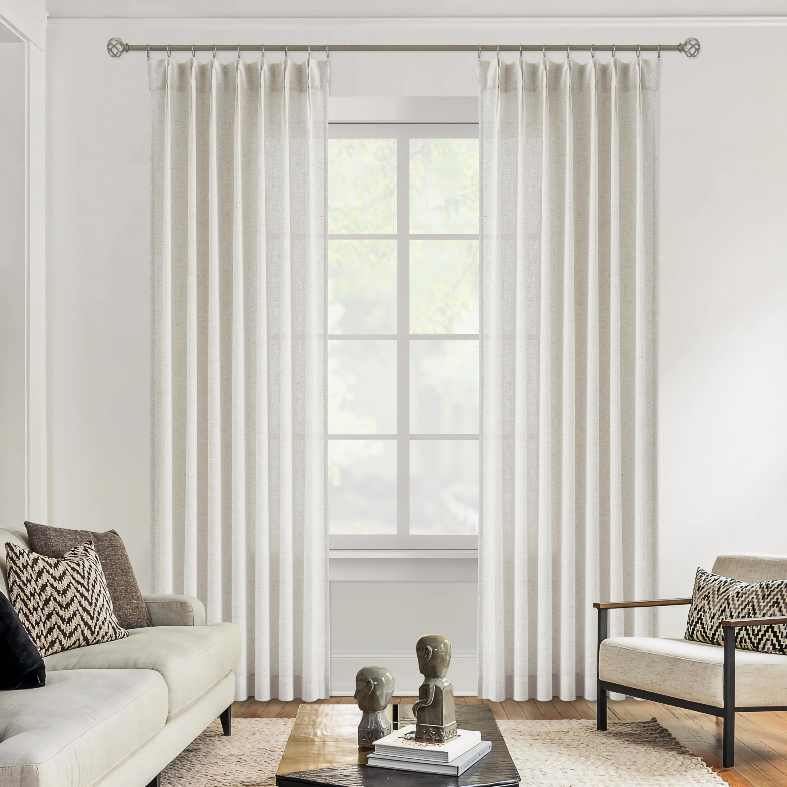 Vision Home Natural Pinch Pleated Semi Sheer Curtains Textured Linen Blended Light Filtering Window Curtains 108 Inch For Living