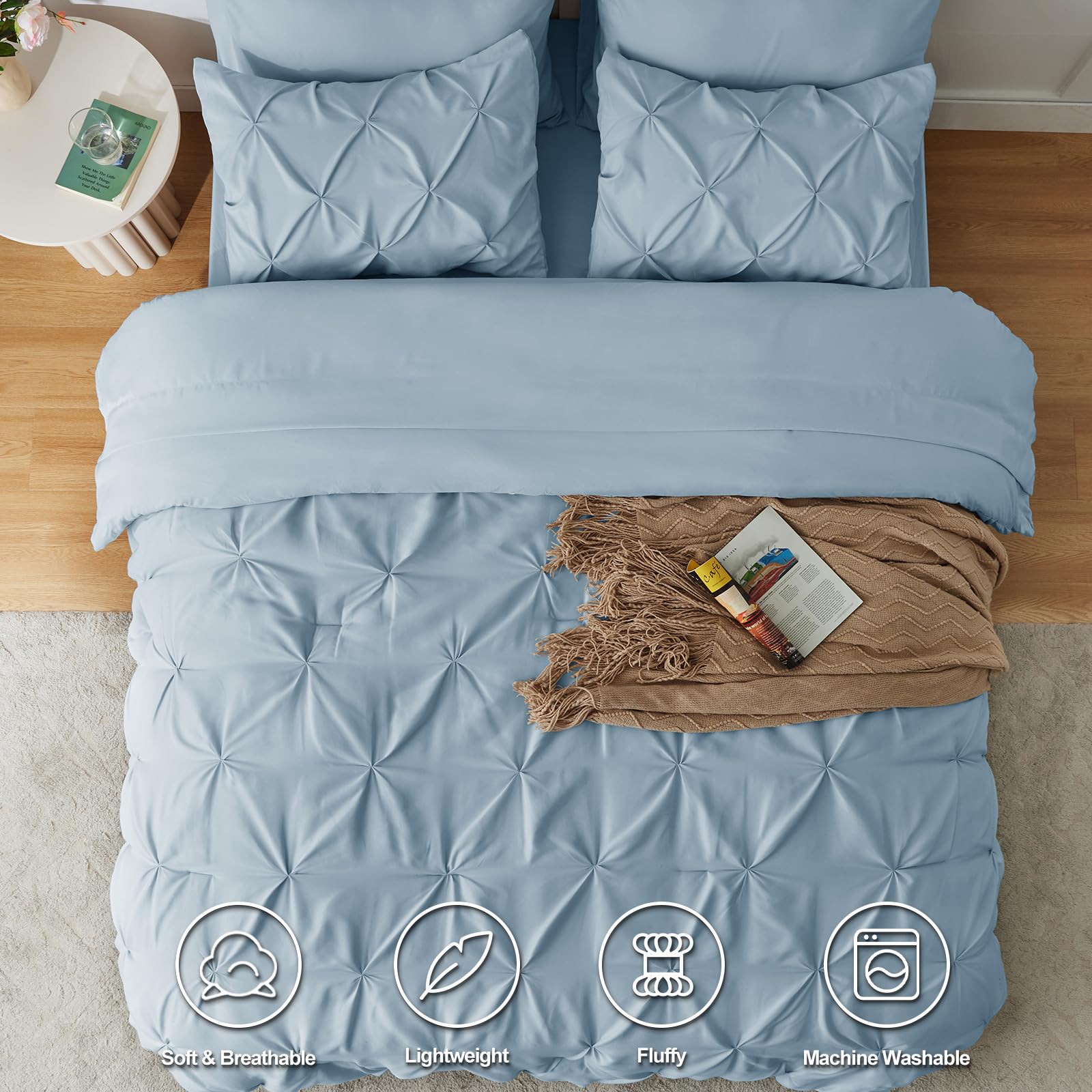 Himeet Light Blue Comforter(82''X86'') 7 Pieces Full Size Comforter Sets Pintuck Bluey Bedding Set Bed In A Bag Full Pinch Pleat