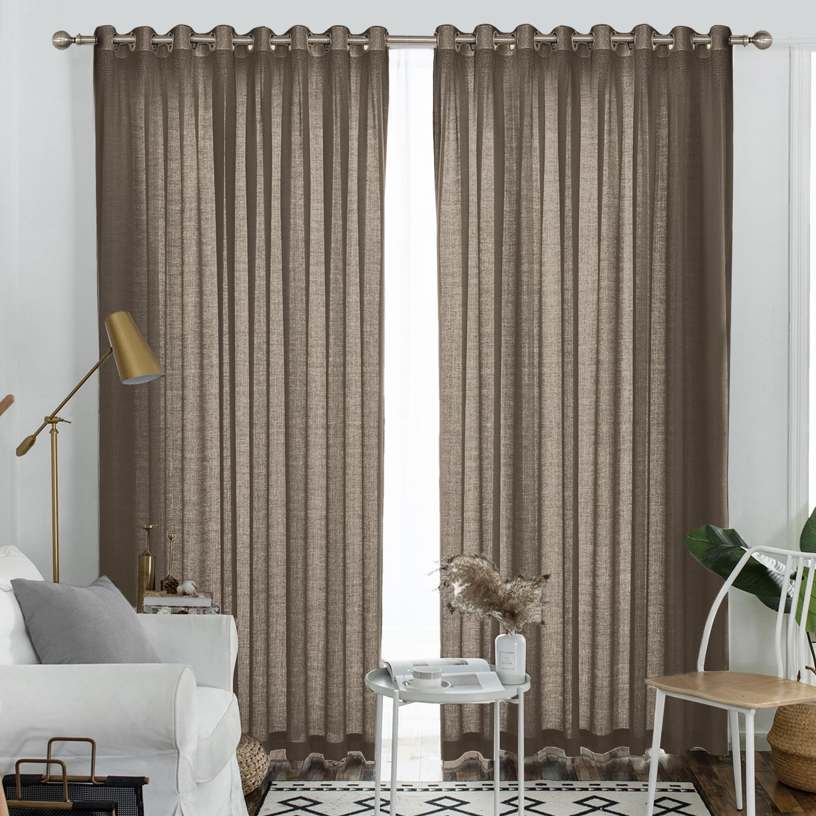 Melodieux Brown Semi Sheer Curtains 108 Inches Long For Living Room Patio Door, Extra Long Bedroom Linen Look Rustic Grommet She