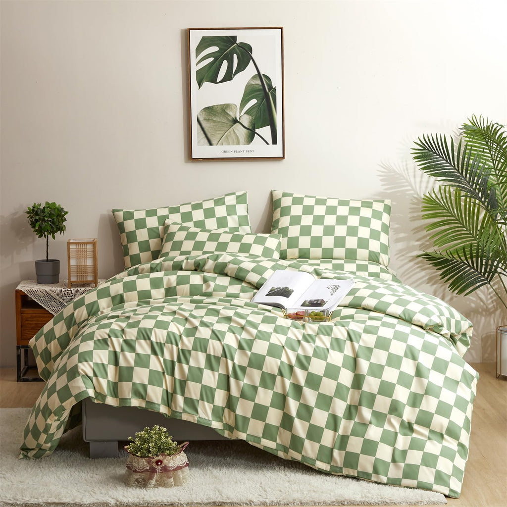 CLOTHKNOW Green White Plaid Comforter Set Twin 3Pcs Checker Bedding Comforter Sets Buffalo Twin Comforter Sage Green Comforter S
