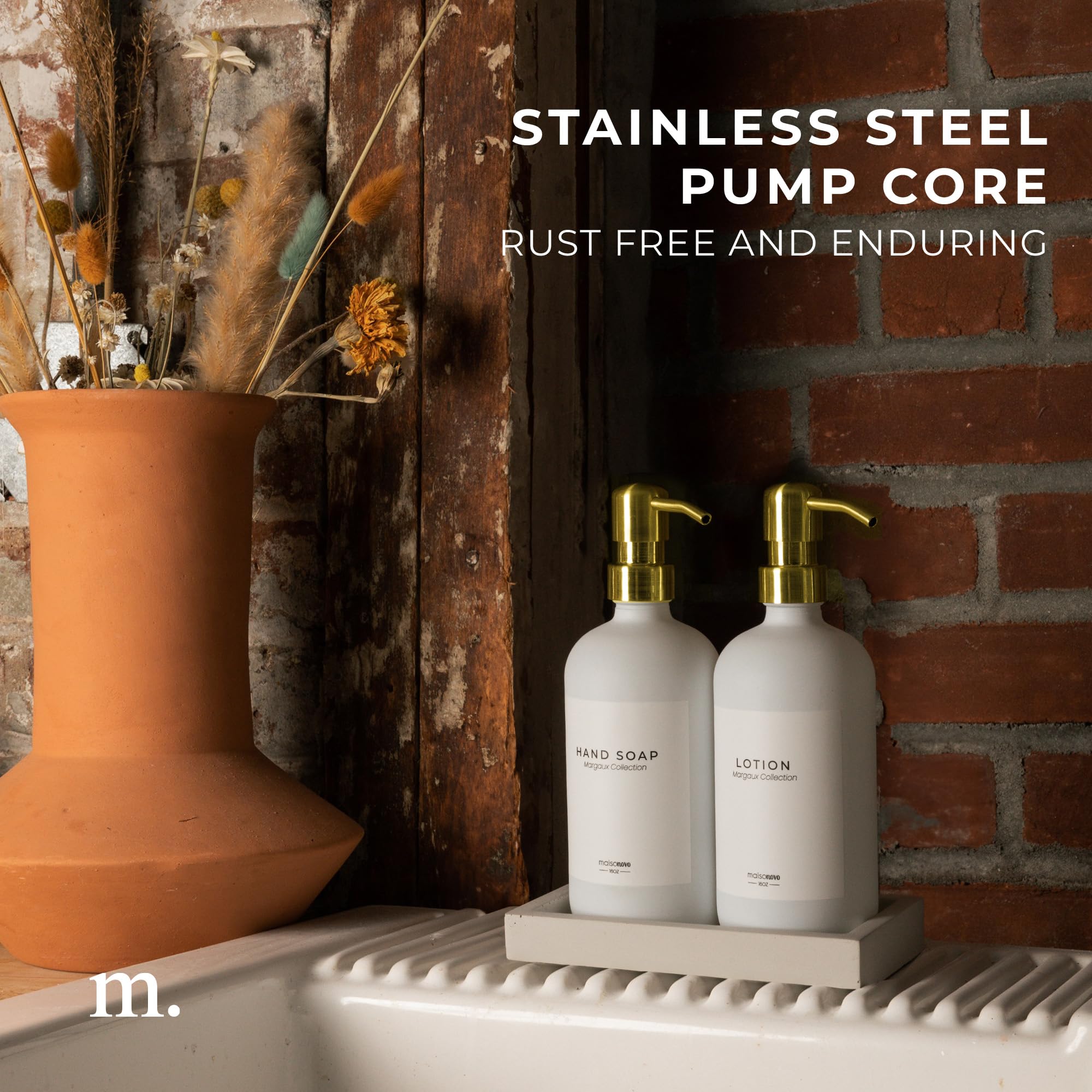 Maisonovo Soap And Lotion Dispenser Set - 16.9 Fl Oz White Hand Soap Dispenser Glass With Gold Pump Set Of 2 And Concrete Tray