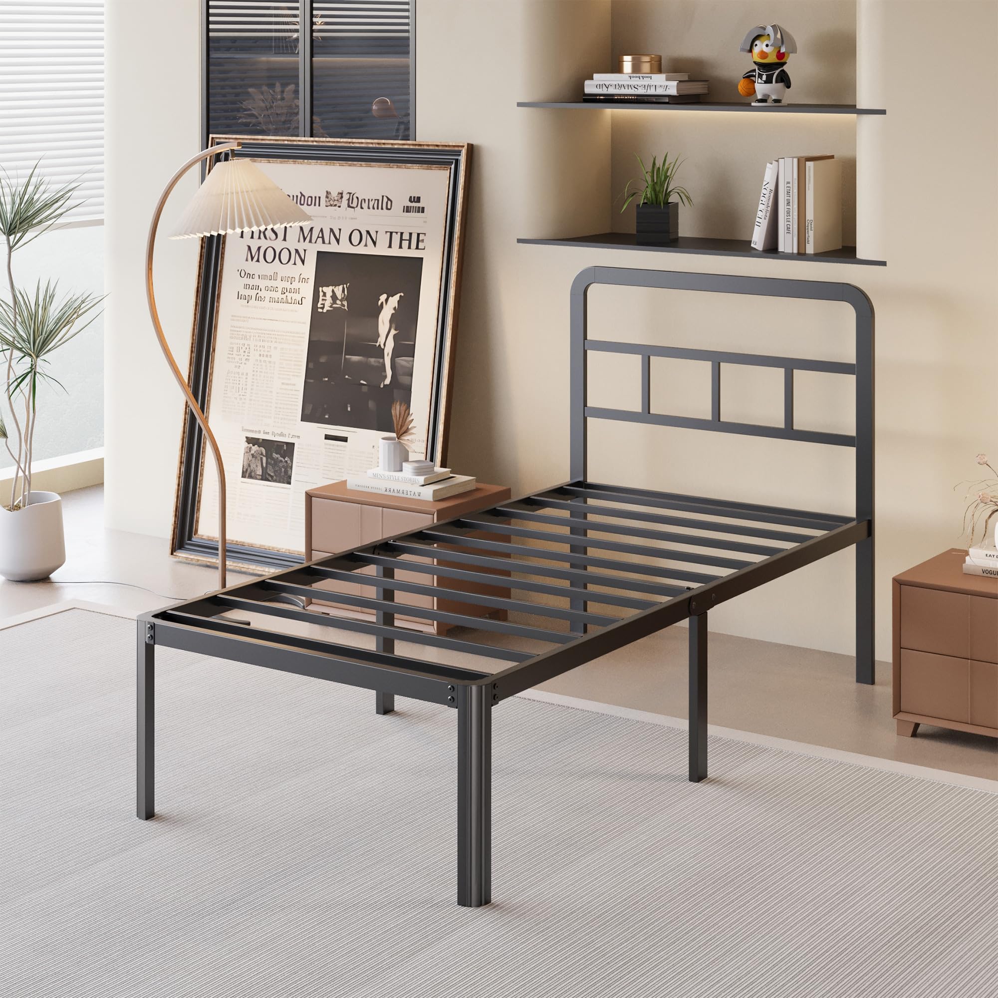 Yicensen 16 Inch Twin Xl Bed Frame With Headboard, Heavy Duty Metal Xl Twin Platform Bed Frame With Rounded Corner Legs, No Box