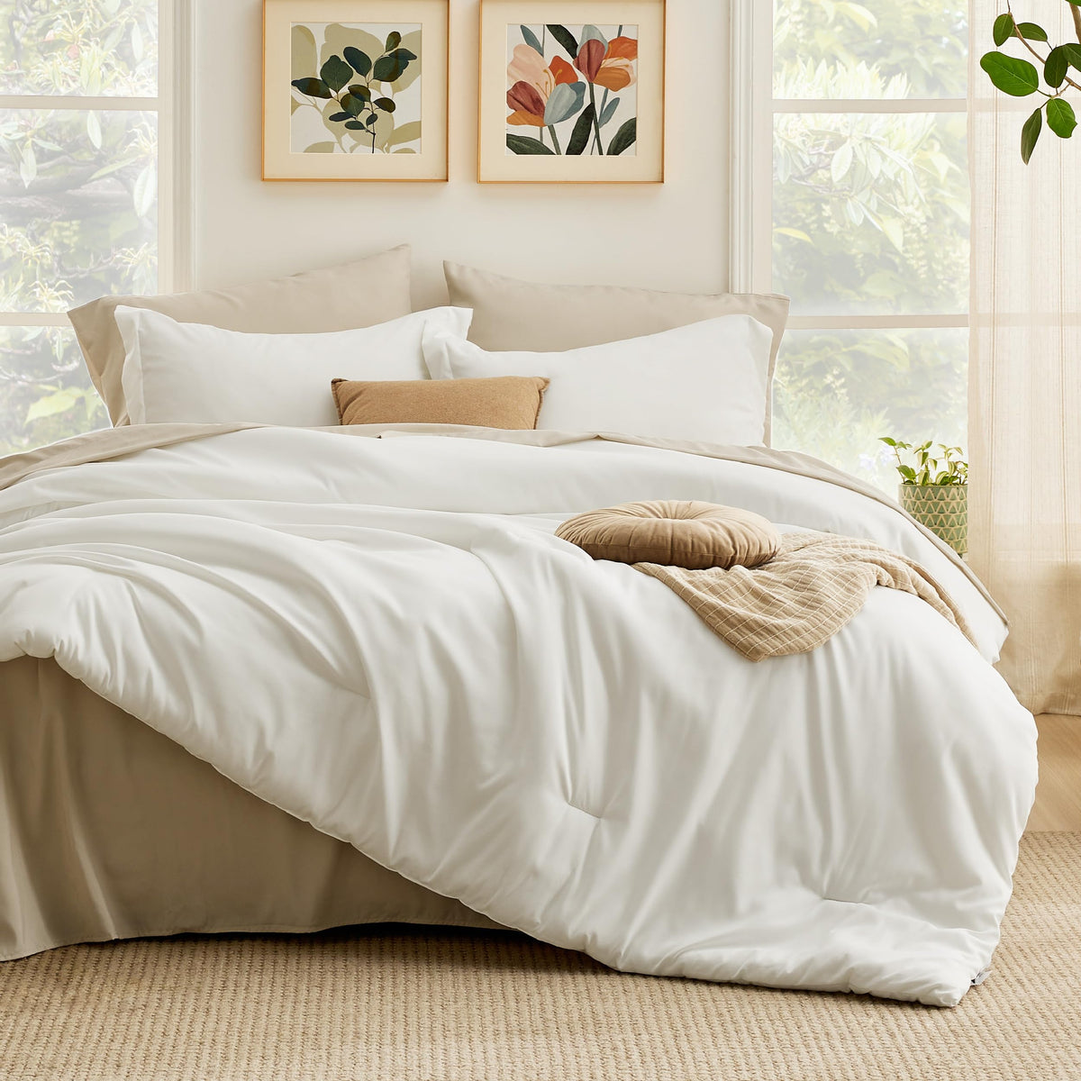 Bedsure Twin Comforter Set - 5 Pieces White Twin Bedding Set For All Seasons, Boho Contrasting Design Bed In A Bag With Comforter, Sheets, Pillowcase & Sham
