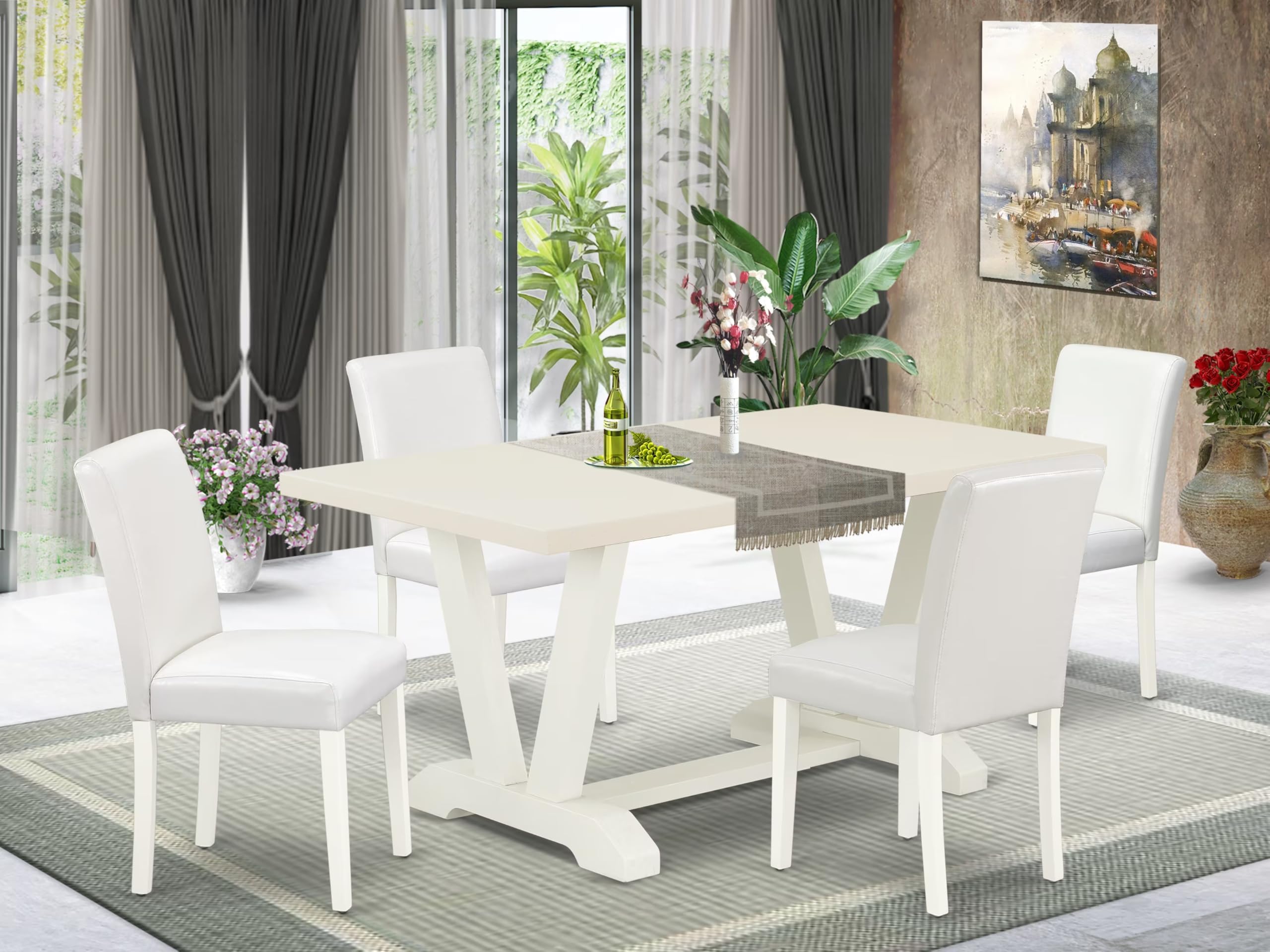 East West Furniture V026Ab264-5 5 Piece Dining Room Table Set Includes A Rectangle Kitchen Table With V-Legs And 4 White Faux Leather Parsons Dining Chairs, 36X60 Inch, Multi-Color