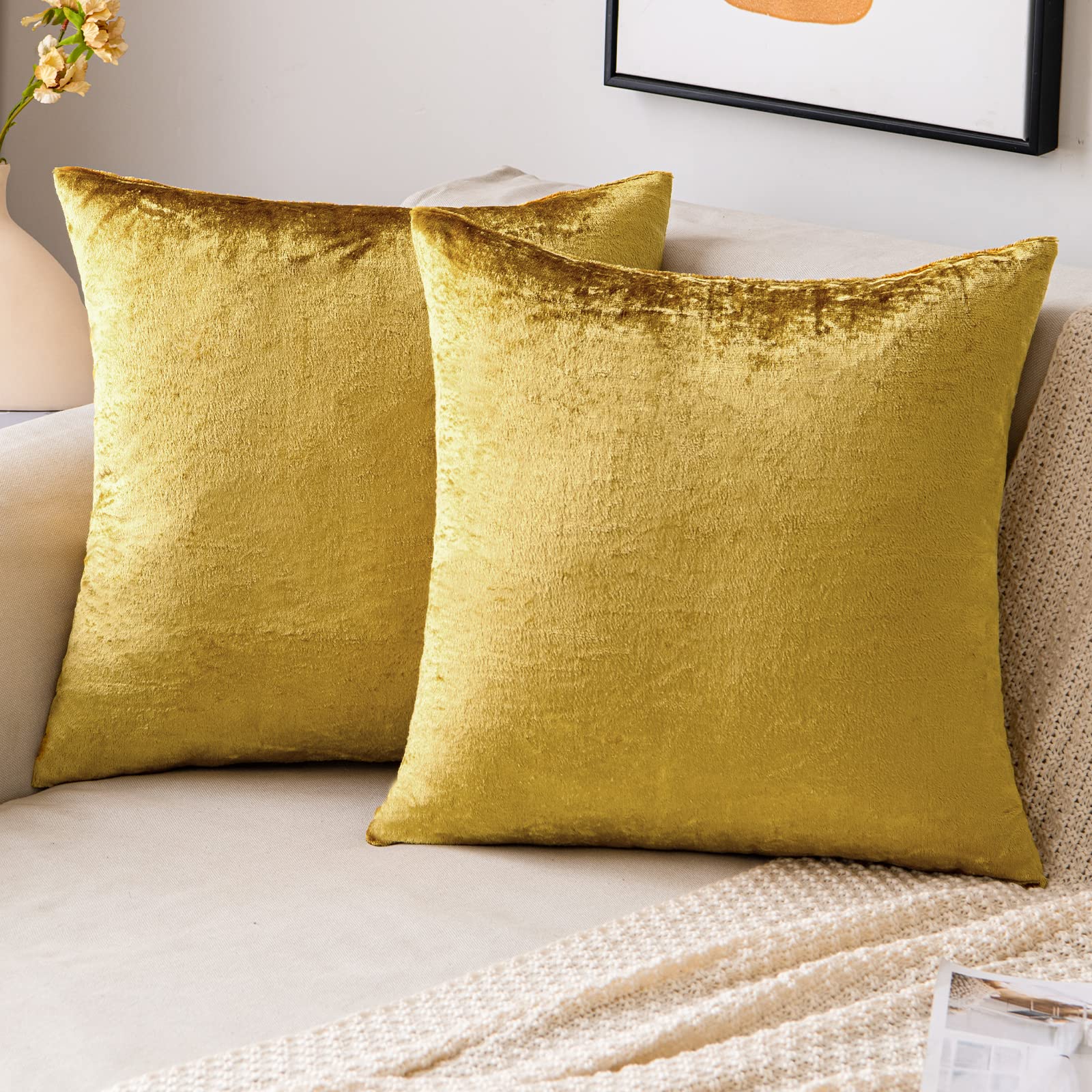Emema Fall Bright Gold Velvet Throw Pillow Covers 18X18 Inch Set Of 2 Decorative Square Pillowcase Soft Solid Cushion Case For C