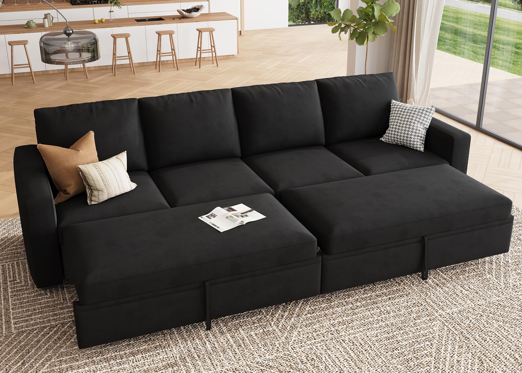 HONBAY Modular Sectional Sleeper Sofa Bed, with Pull Out Bed, Linen Convertible Sectional Couches for Living Room - Black