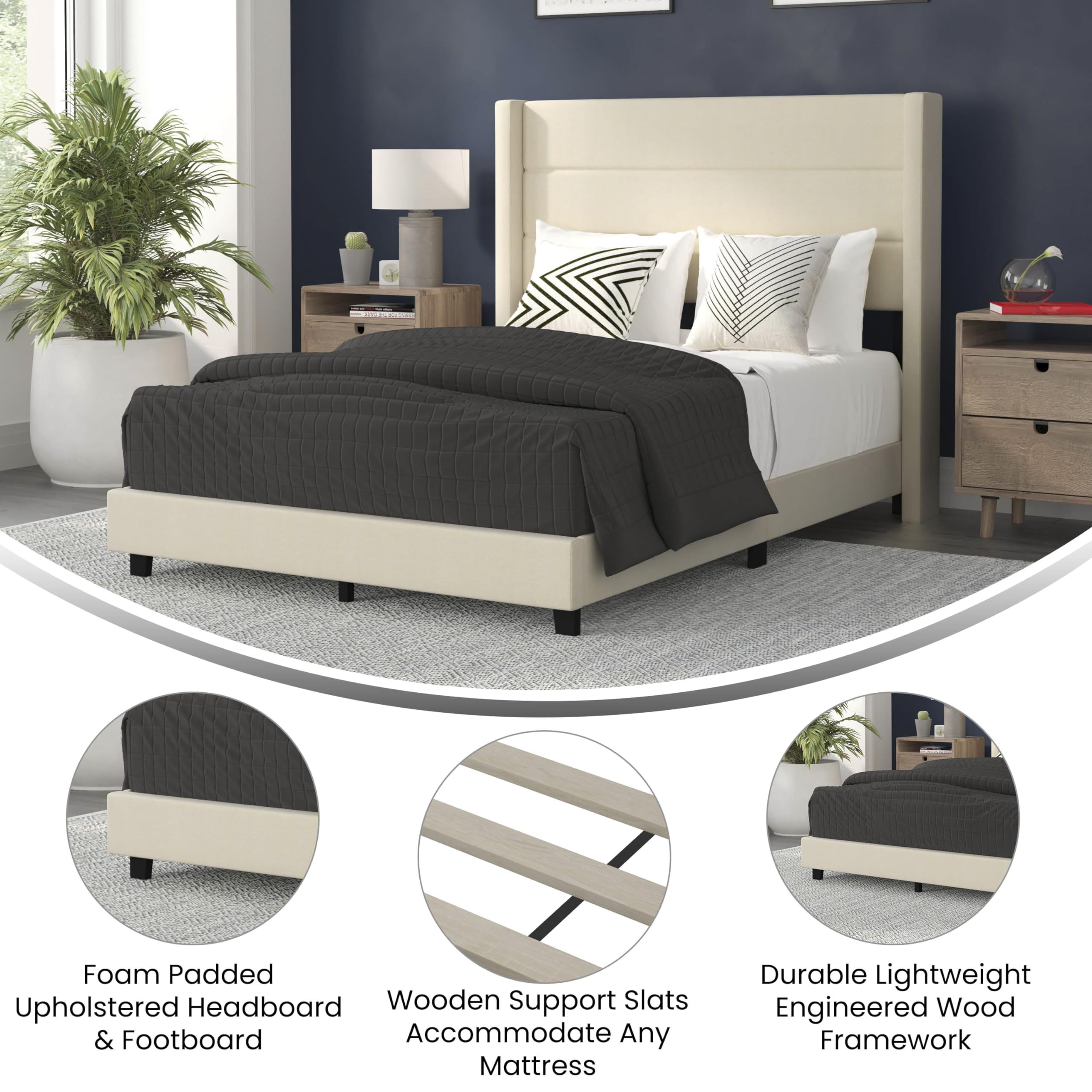 Flash Furniture Hollis Upholstered Platform Bed - Beige Faux Linen Wingback Headboard - Full - Mattress Foundation with Slatted Supports - No Box Spring Needed