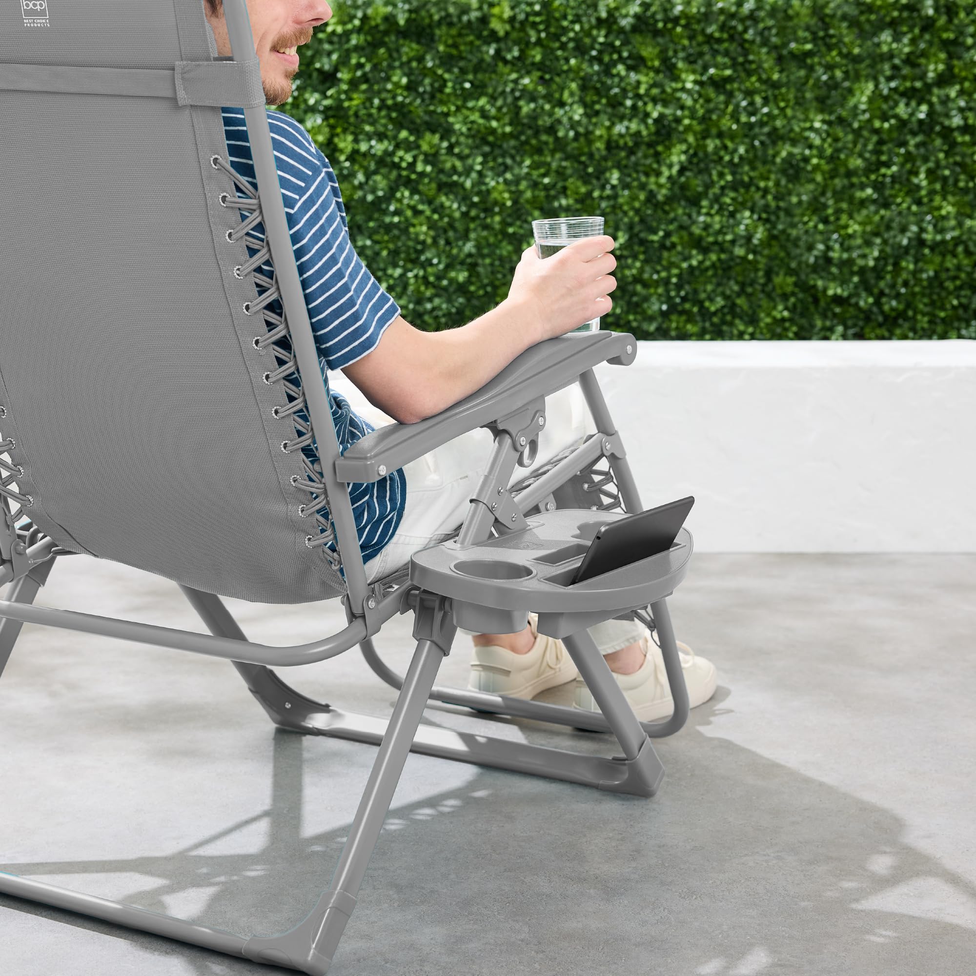 Best Choice Products Adjustable Zero Gravity Chair, Monochromatic Color Folding Patio Recliner W/Side Tray, Headrest - Dove Gray