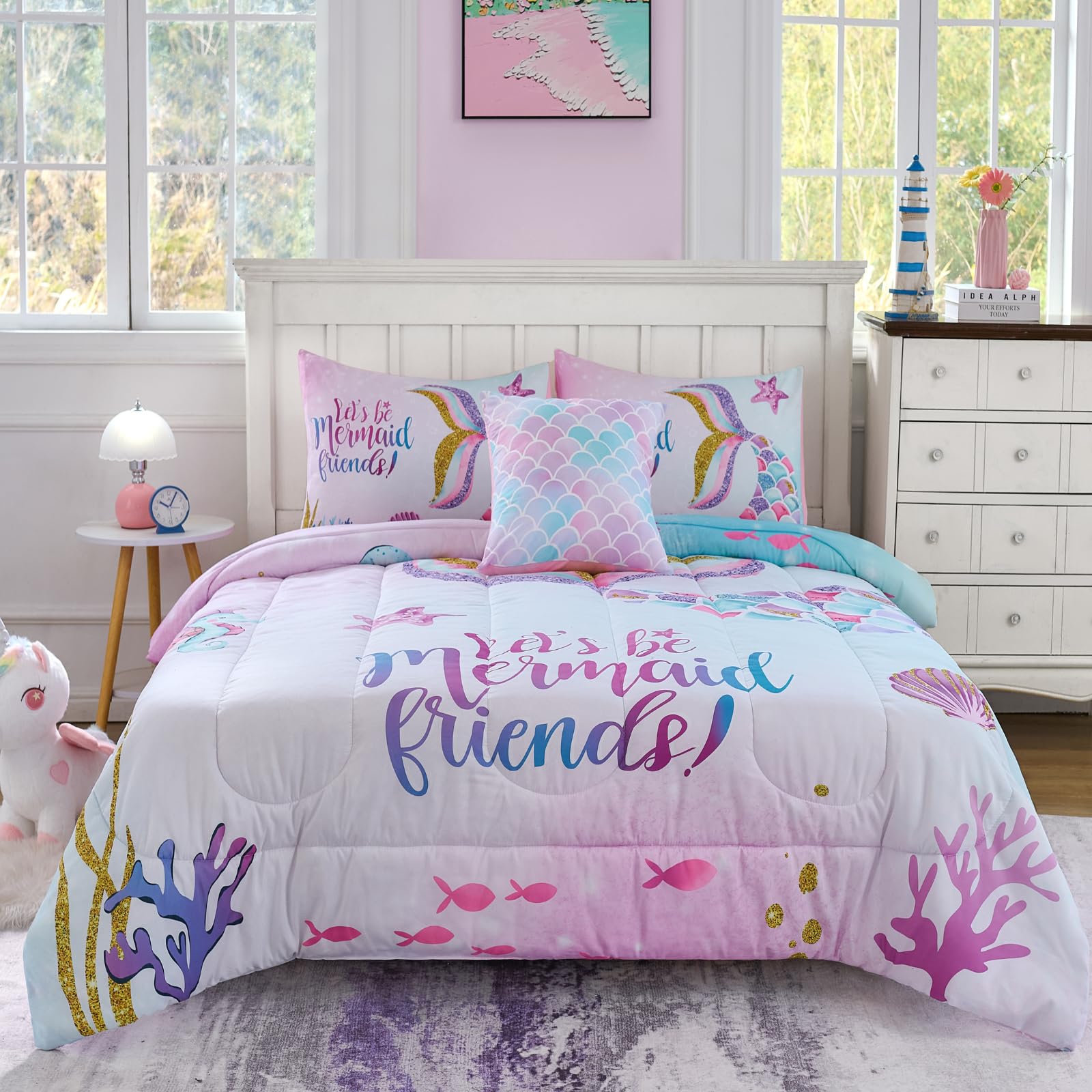 Cokouchyi Full Size Comforter Set For Girls, 6-Piece Bed In A Bag, 3D Colorful Mermaid Bedding Comforter Sheet Set, Ultra Soft A
