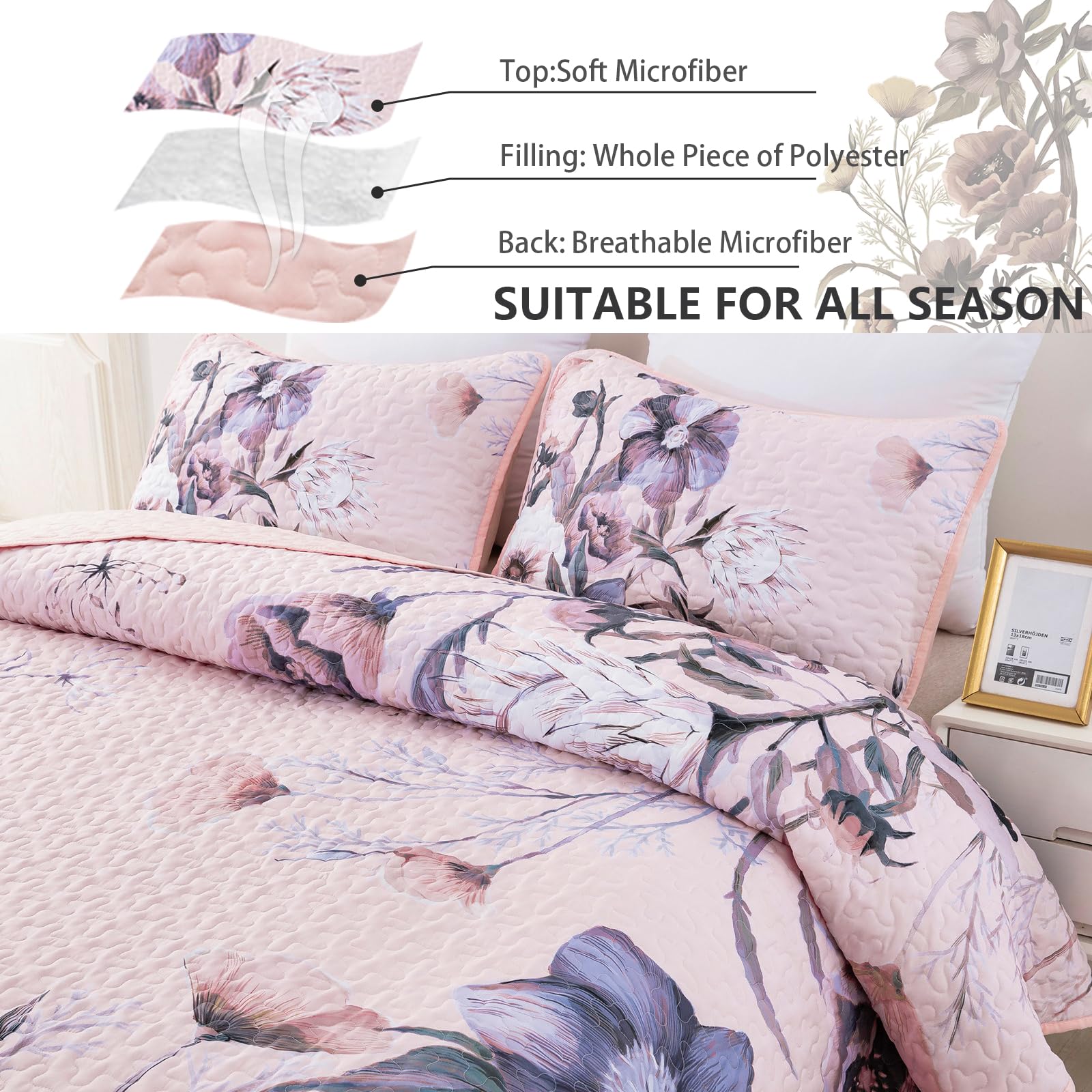 Drucon Floral Quilt Set King 3 Pieces Pink Floral Quilt Coverlet Set Soft Microfiber Lightweight Pink Quilted Bedspread For All