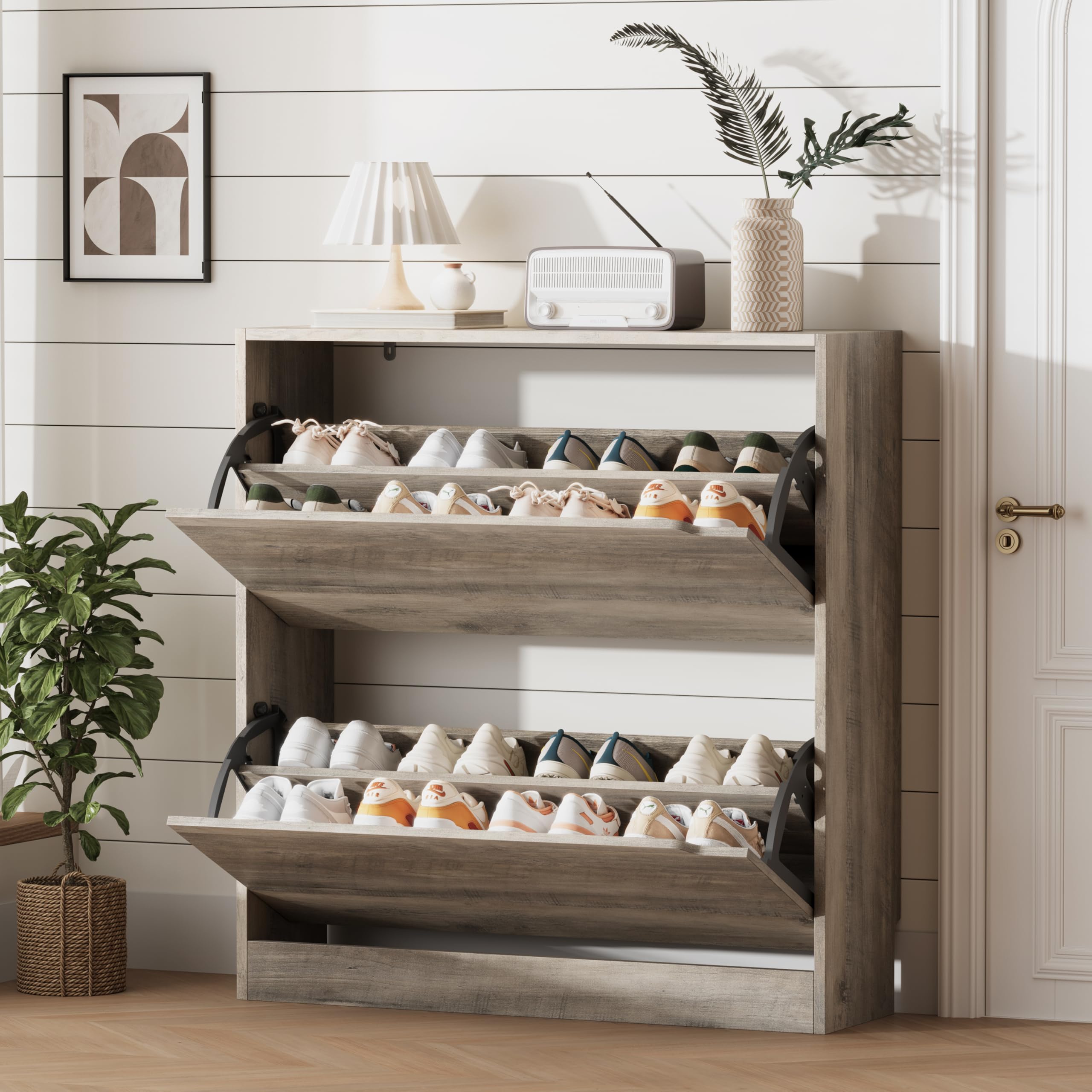 Xixini Shoe Storage Cabinet for Entryway with 2 Flip Drawers, Sturdy Wood Hidden Shoe Storage, Freestanding Narrow Slim Shoe Org