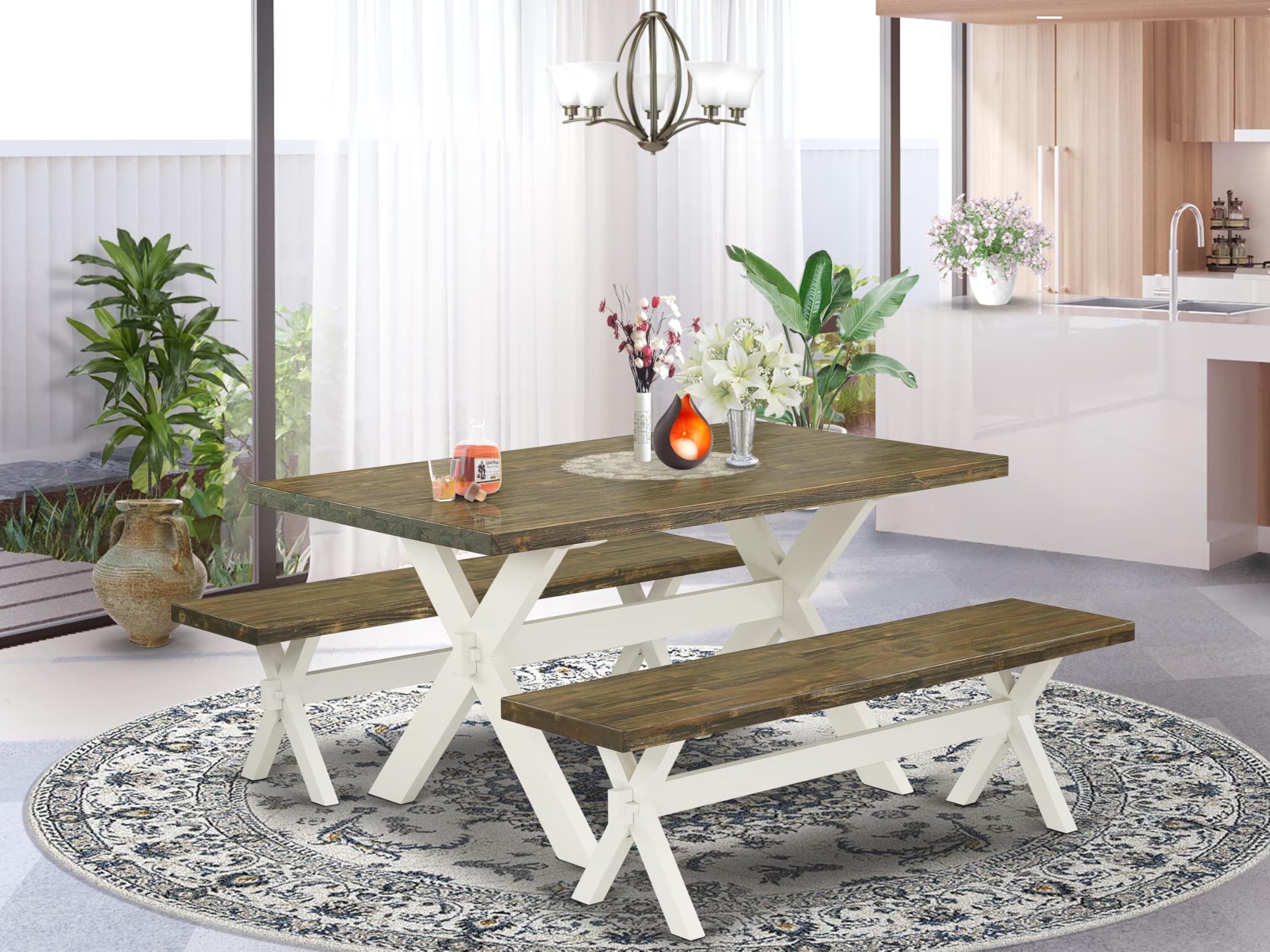 East West Furniture X2-076 3 Piece Dining Set Contains a Rectangle Dining Room Table with X-Legs and 2 Kitchen Table Bench, 36x60 Inch, Multi-Color