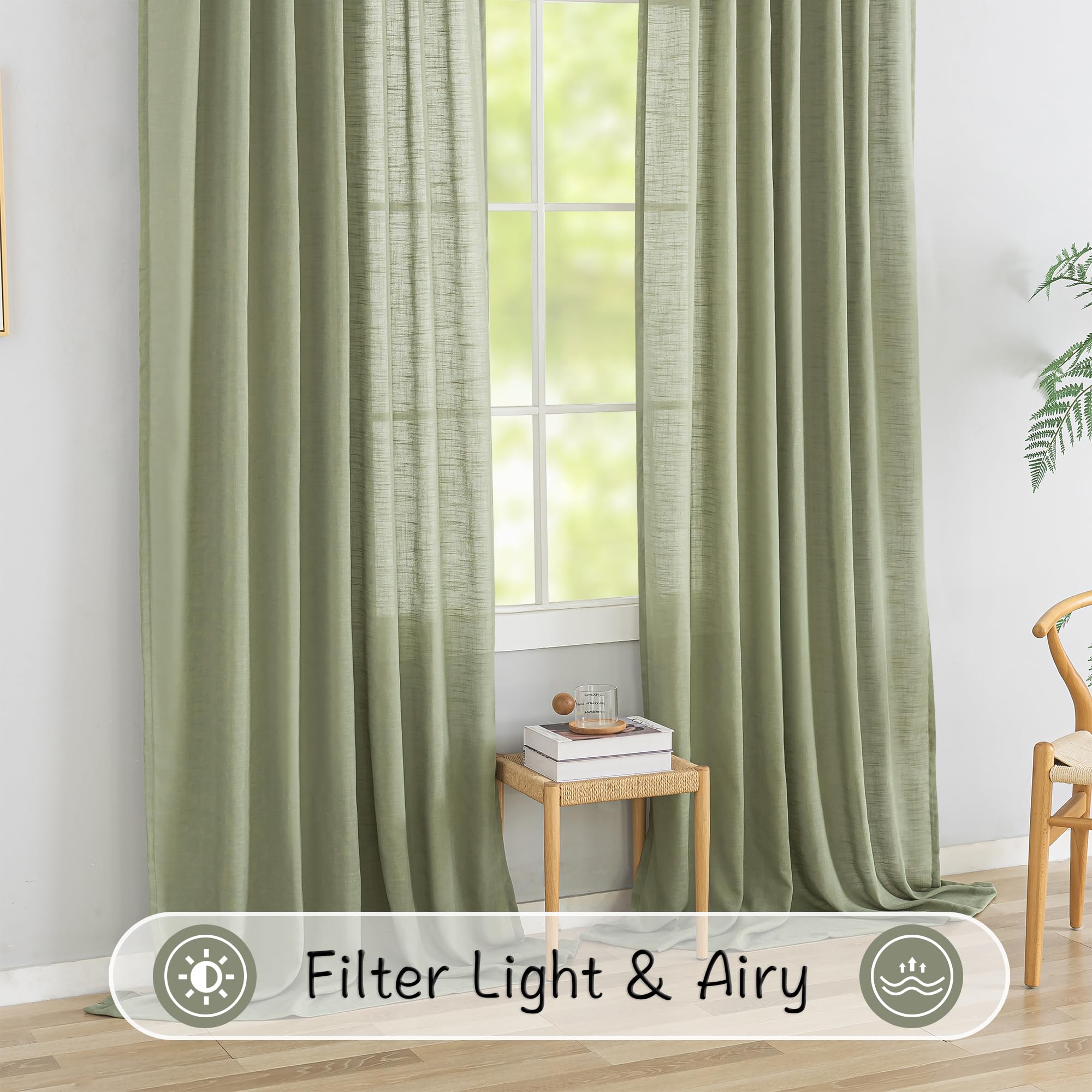 Donren Sage Green Linen Back Tab Curtains 120 Inches Extra Long Ceiling To Floor For Villa Living Room -2 Panels Hooks Belt Pinch Pleated Easy Sliding Curtains Light Filtering Semi Sheer Drapres