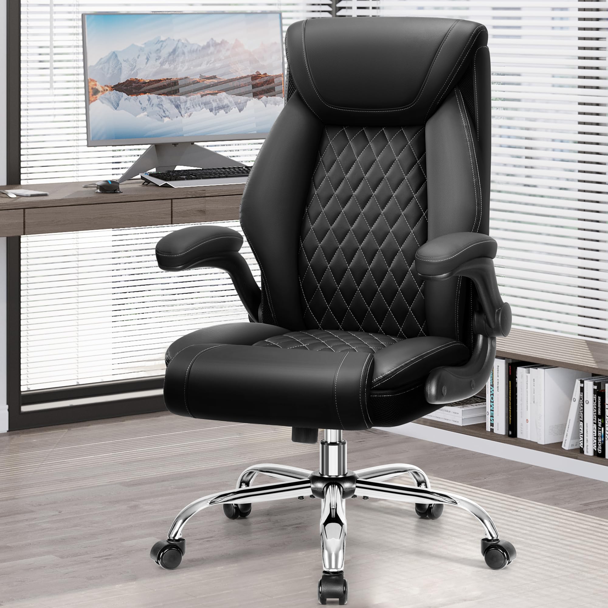 Office Chair, Ergonomic High Back Home Office Desk Chair, Big And Tall Breathable Leather Office Chair With Lumbar Support Flip-