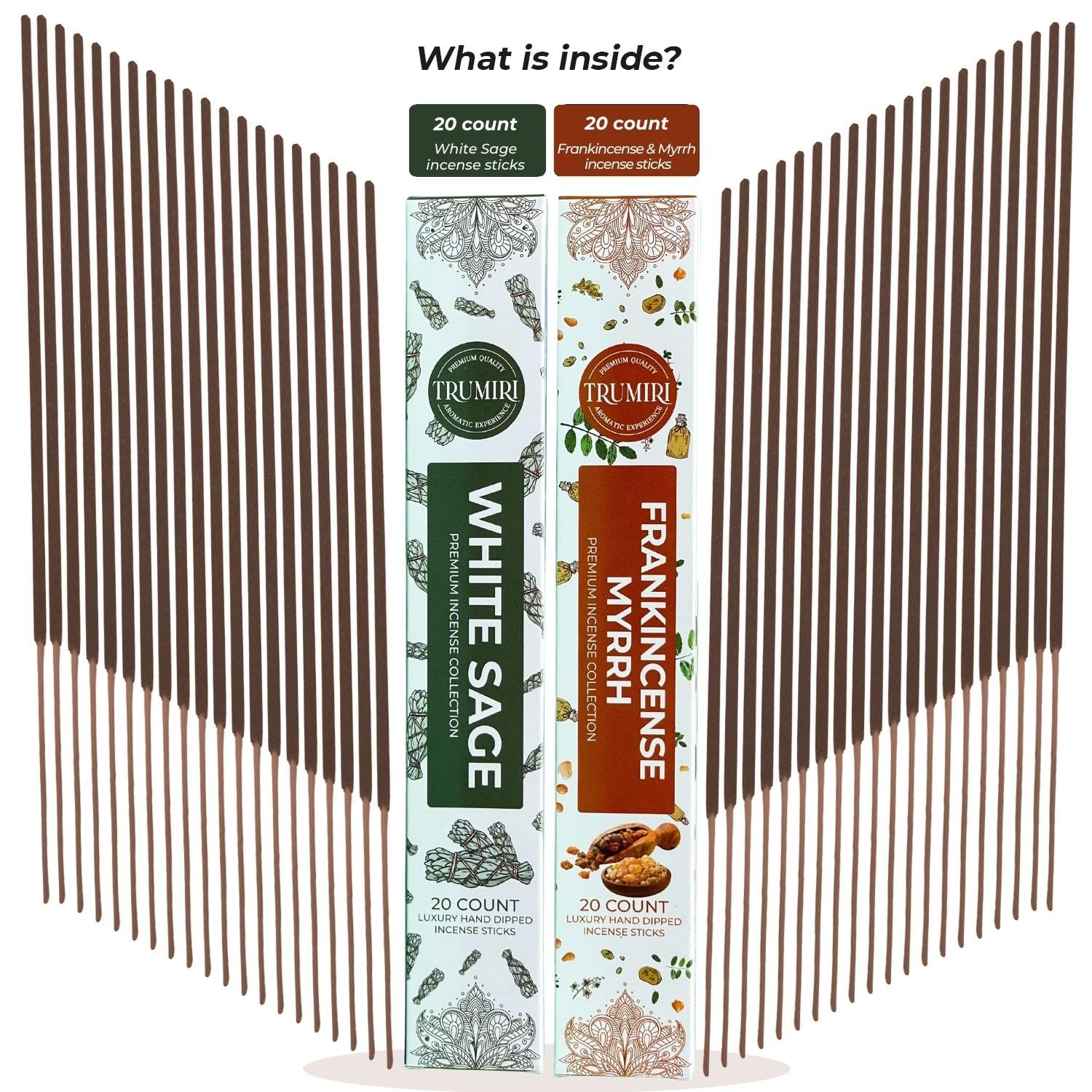Trumiri Incense Sticks - Combo Pack Of 40 Insence-Sticks - 20 White Sage + 20 Frankincense Myrrh - Insenses - Insents - Incents