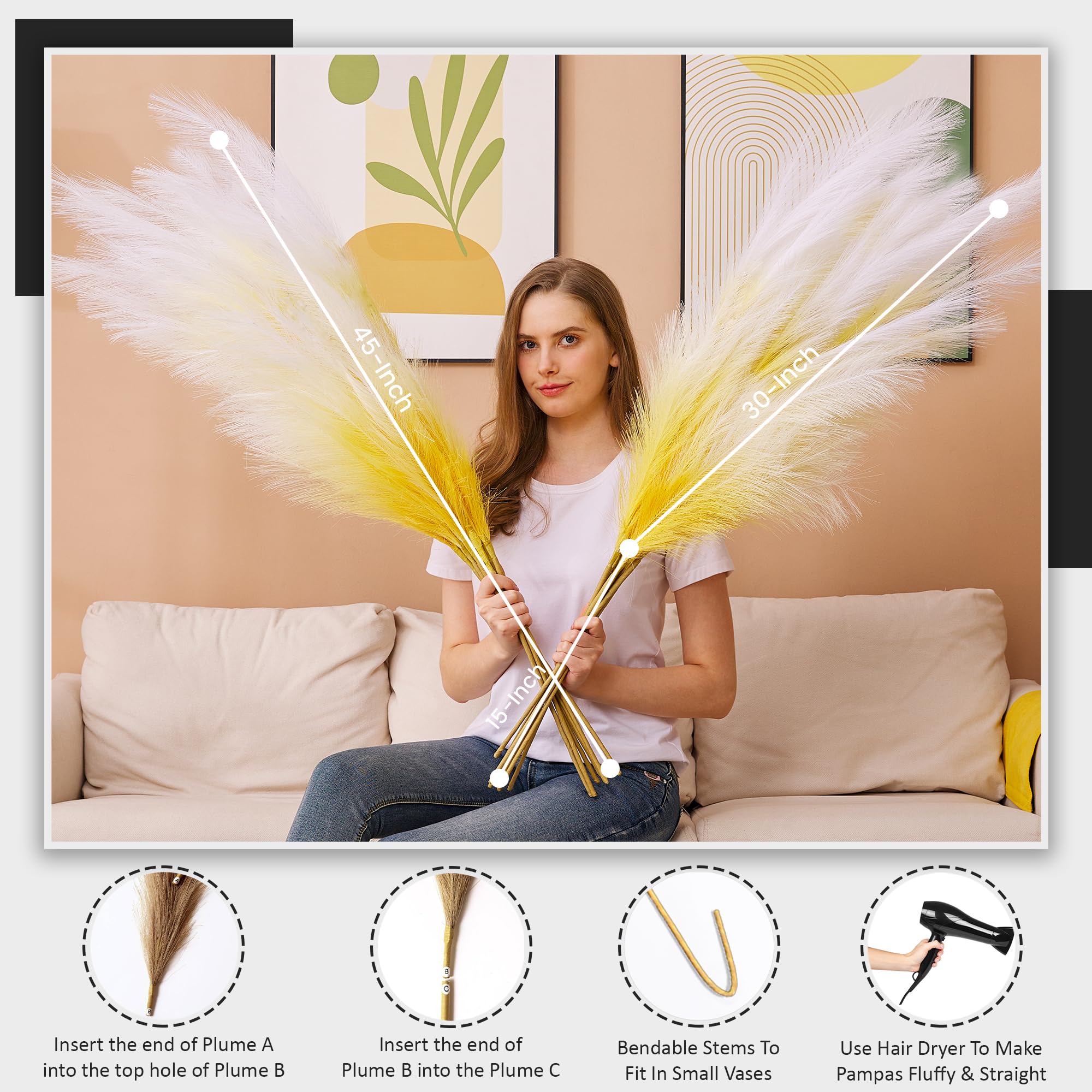 Aurora Prime 7 Pcs/45 Inches Artificial Tall Pampas Grass For Floor Vase - Long Fake Pampas Grass Branches For Office And Home D