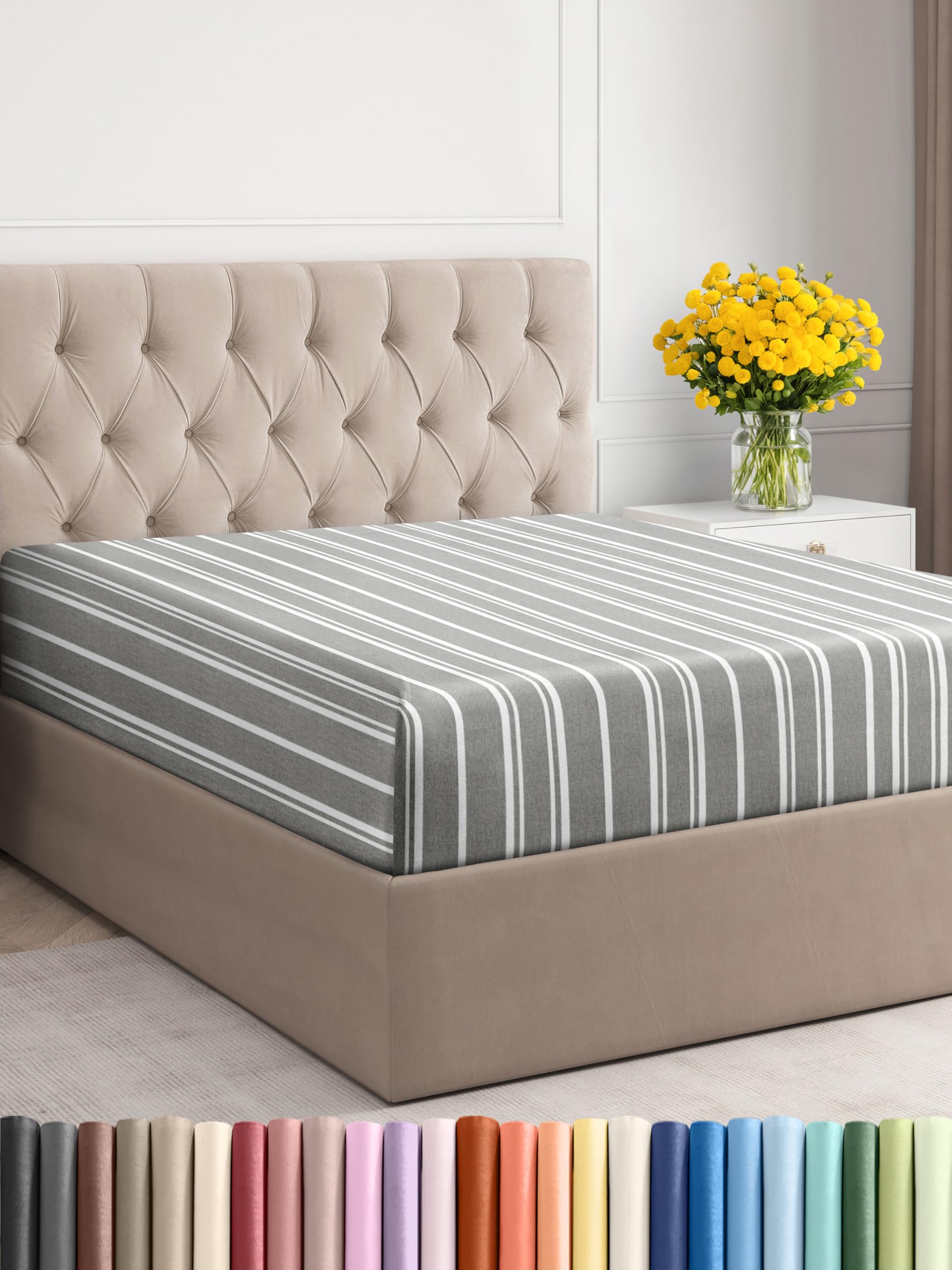 King Size Fitted Bed Sheet - Hotel Luxury Single Fitted Bottom Sheet Only - Fits Mattress Between 8 To 16 Inches - Deep Pockets, Extra Soft And Wrinkle Free - Comfy Breathable & Cooling - Grey Stripes