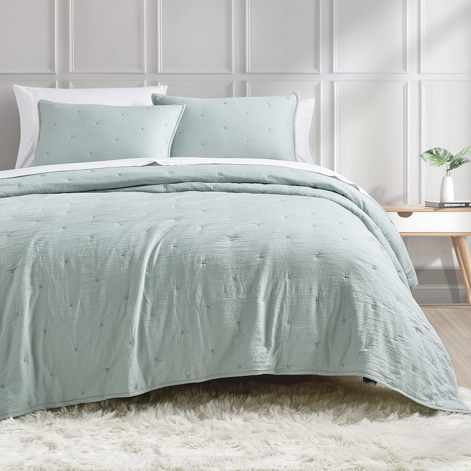 Bourina Embroidery Quilt Set 3-Piece Oversized King Quilt Set Pre-Washed Microfiber Ultra Soft Lightweight Star Embroidery Bedsp