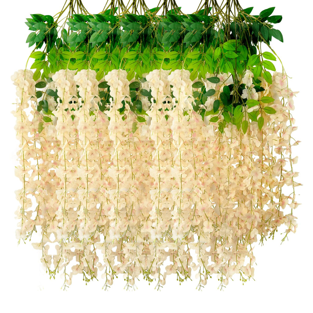 Champagne Artificial Wisteria Flower Vines, 3.77 Feet Champagne Wisteria Hanging Flowers Garland, 24 Pack Fake Silk Wisteria, Ha
