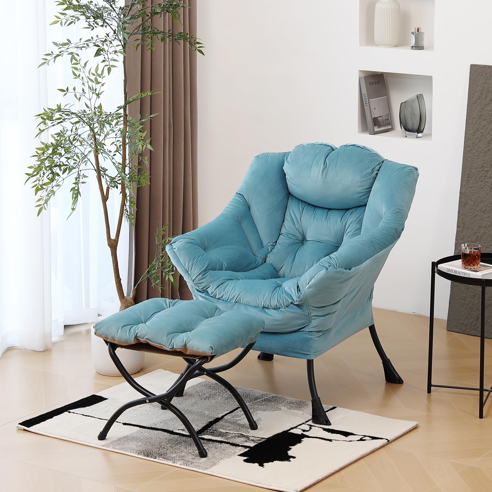 Furlide Lazy Chair With Ottoman, Modern Chair With Folding Footrest, Lounge Accent Chair, Comfortable Reading Chair (Velvet Ligh