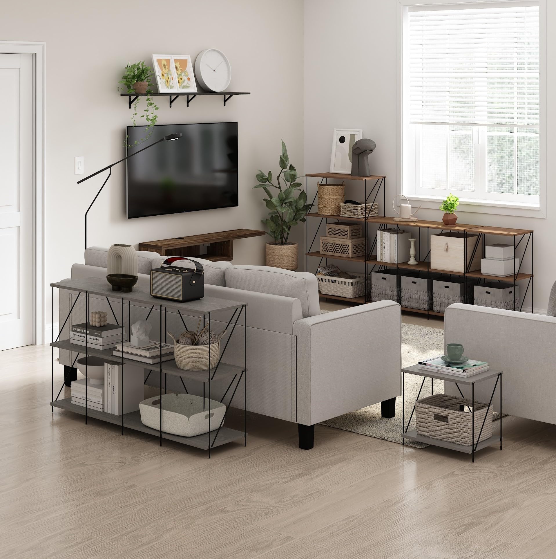 Furinno Besi 3-Tier Industrial Multipurpose Shelf Display Rack with Metal Frame, Finn Oak