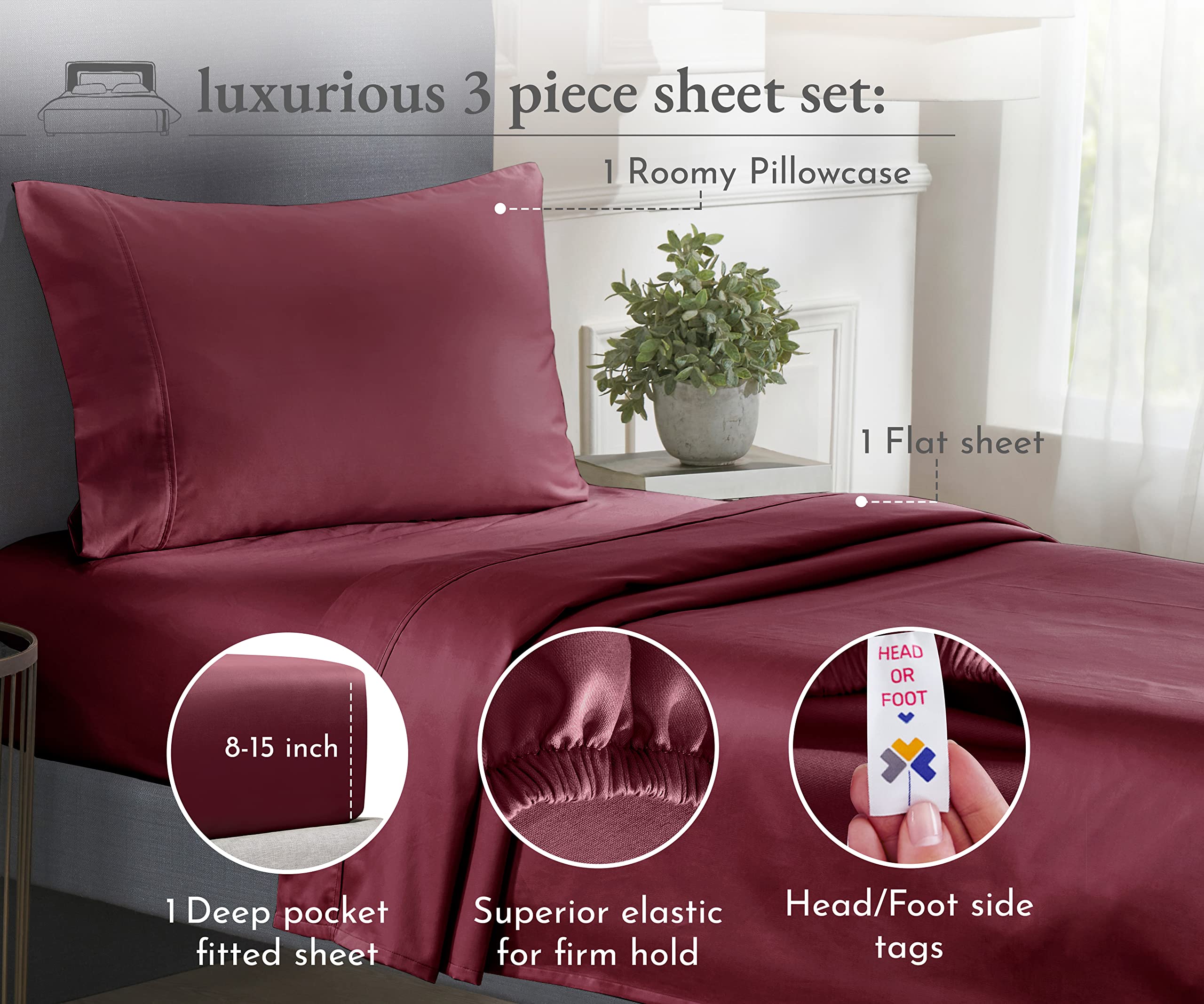 California Design Den 100% Cotton Sheets, Twin Xl Sheets Set, 400 Thread Count Sateen Bedding For Dorm Rooms & Adults, Deep Pock