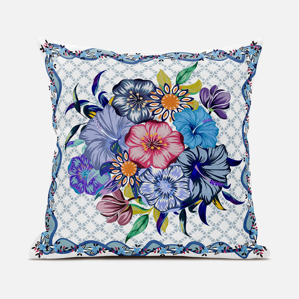 HomeRoots 16x16 White Blue Blown Seam Broadcloth Floral Throw Pillow