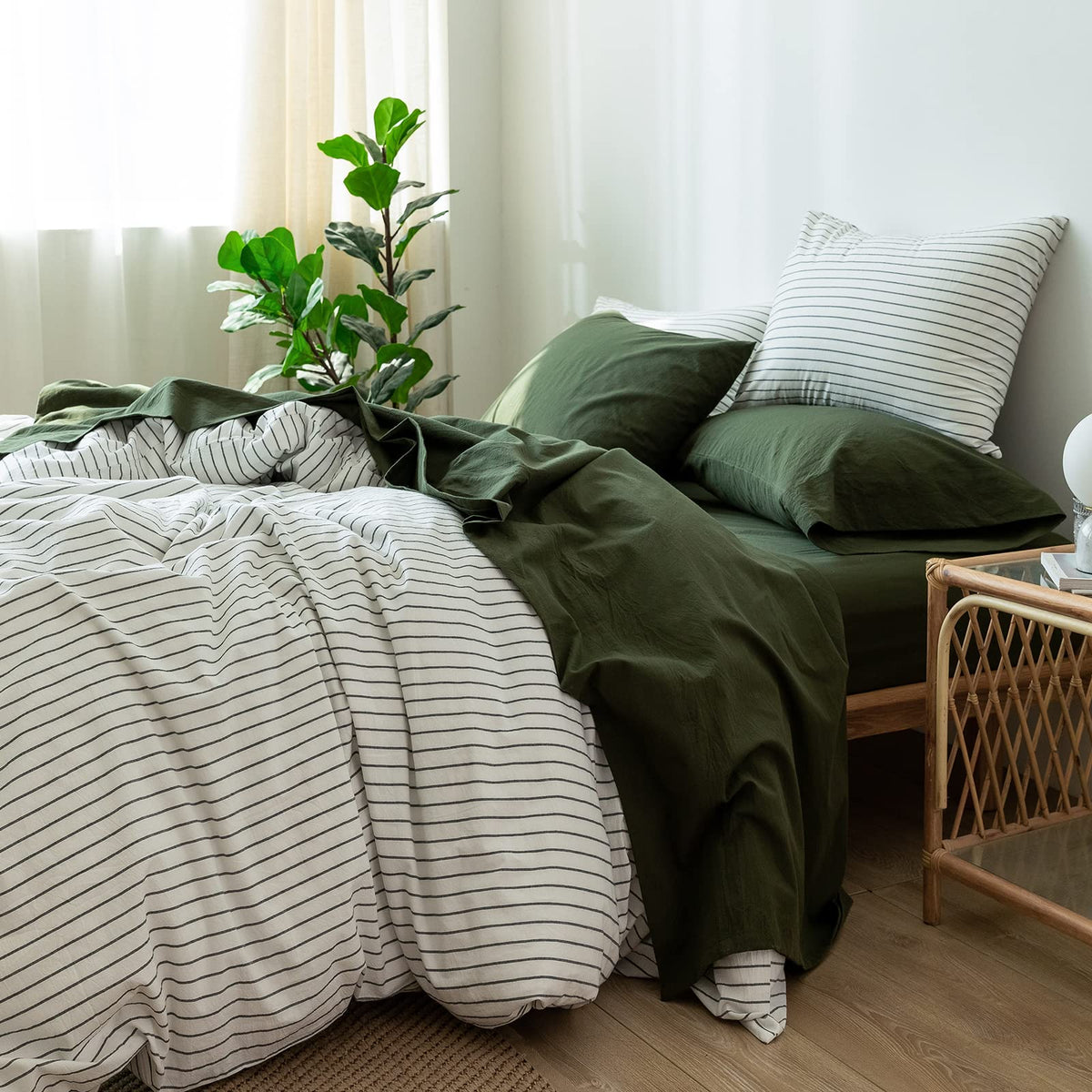 Moomee Bedding Sheet Set 100% Washed Cotton Linen Like Textured Breathable Durable Soft Comfy (Olive Green, Twin)