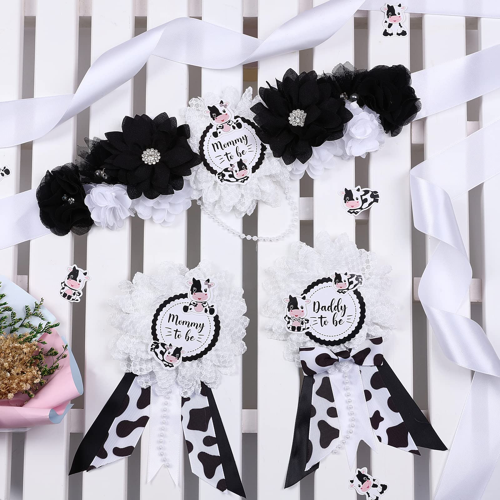 Joymemo Cow Baby Shower Sash - Maternity Sash Kit With Mom To Be Dad To Be Corsage Pins, Cow Gender Reveal Pregnancy Flower Bell
