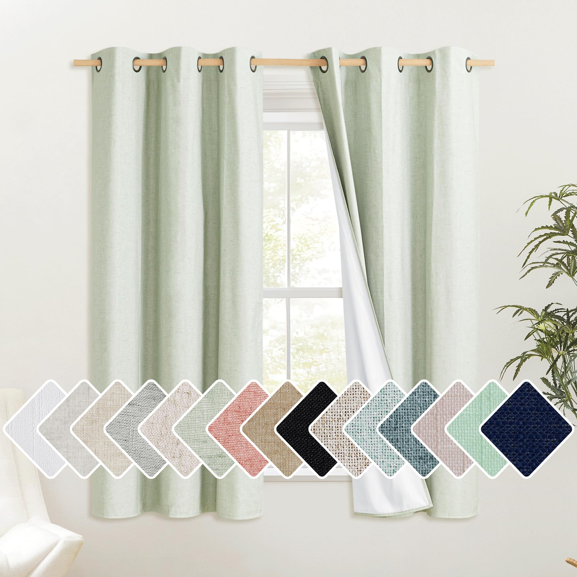 NICETOWN Sage Green Linen Blackout Cold Reducing Curtains for Night Shift, Great Job, Set of 2, 42 by 63, Short Kitchen Burlap L