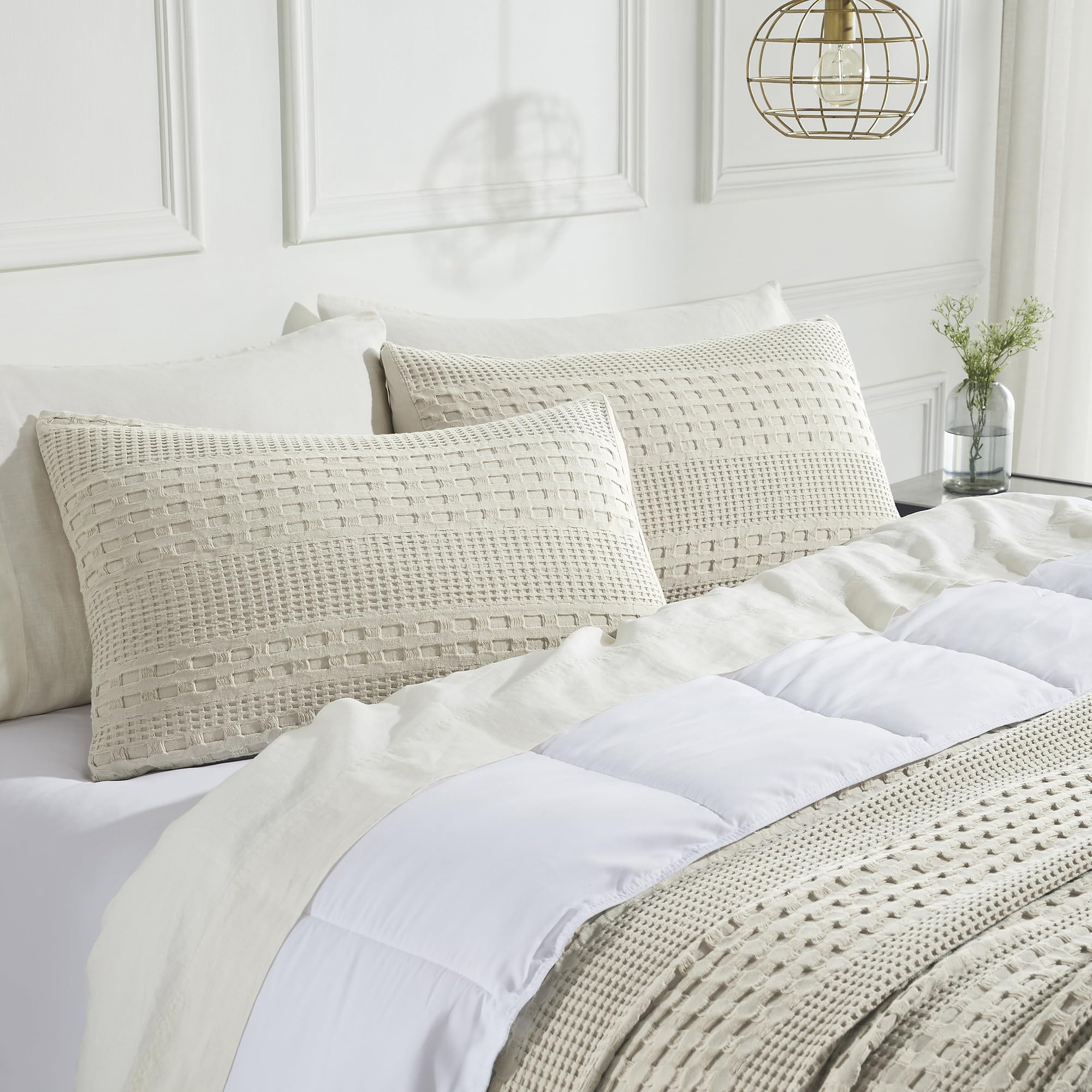 Vhc Brands 100% Cotton Waffle Weave Natural King Size Sham Set Of 2 20X36, Decorative Throw Pillow Covers/Shams, Boho Farmhouse